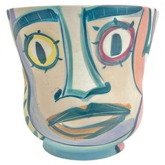 Vintage Mid-Century Victoria Crowell Signed Face Art Pottery Vase Picasso Style