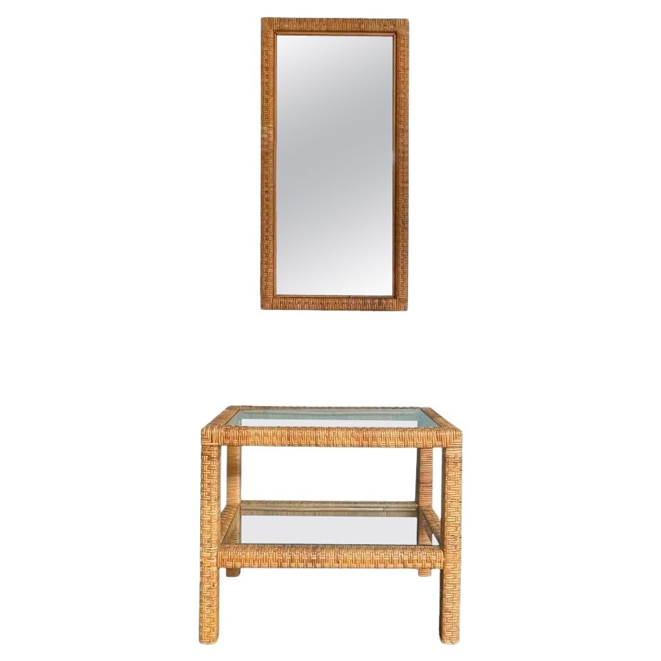 Miroir italien en rotin tressé des années 1970 avec table console assortie