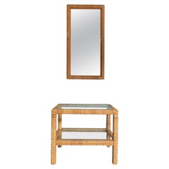 A 1970s Italian woven rattan mirror with matching console table