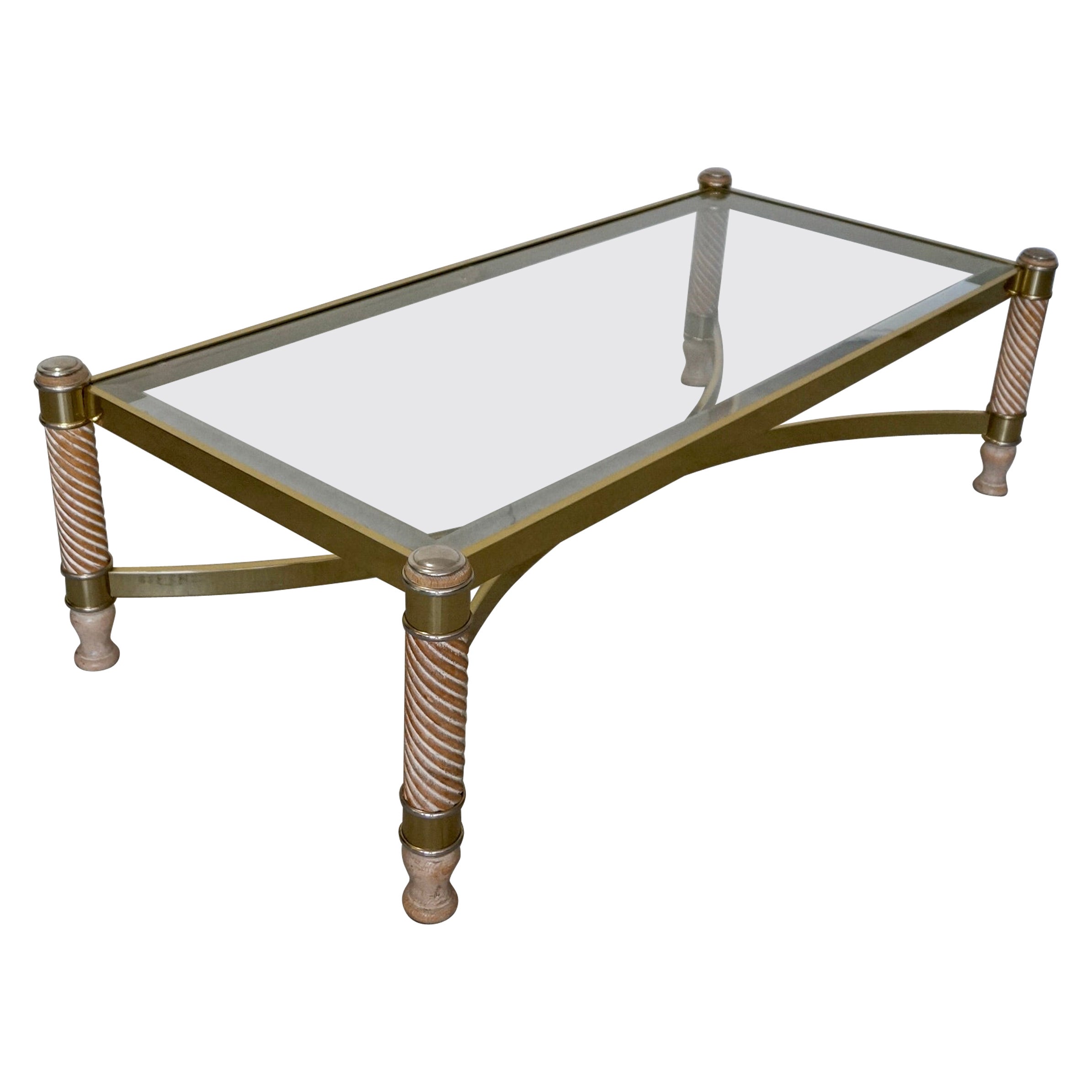 1970's Hollywood Regency Turned Wood, Brass, & Glass Coffee Table For Sale