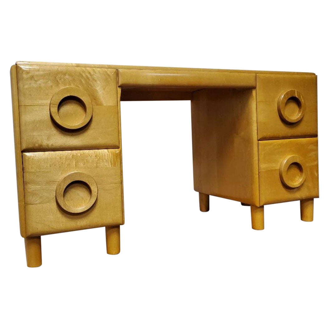 RARE Hard Rock Maple Conant Ball American Modern Art Deco Desk with Round Pulls
