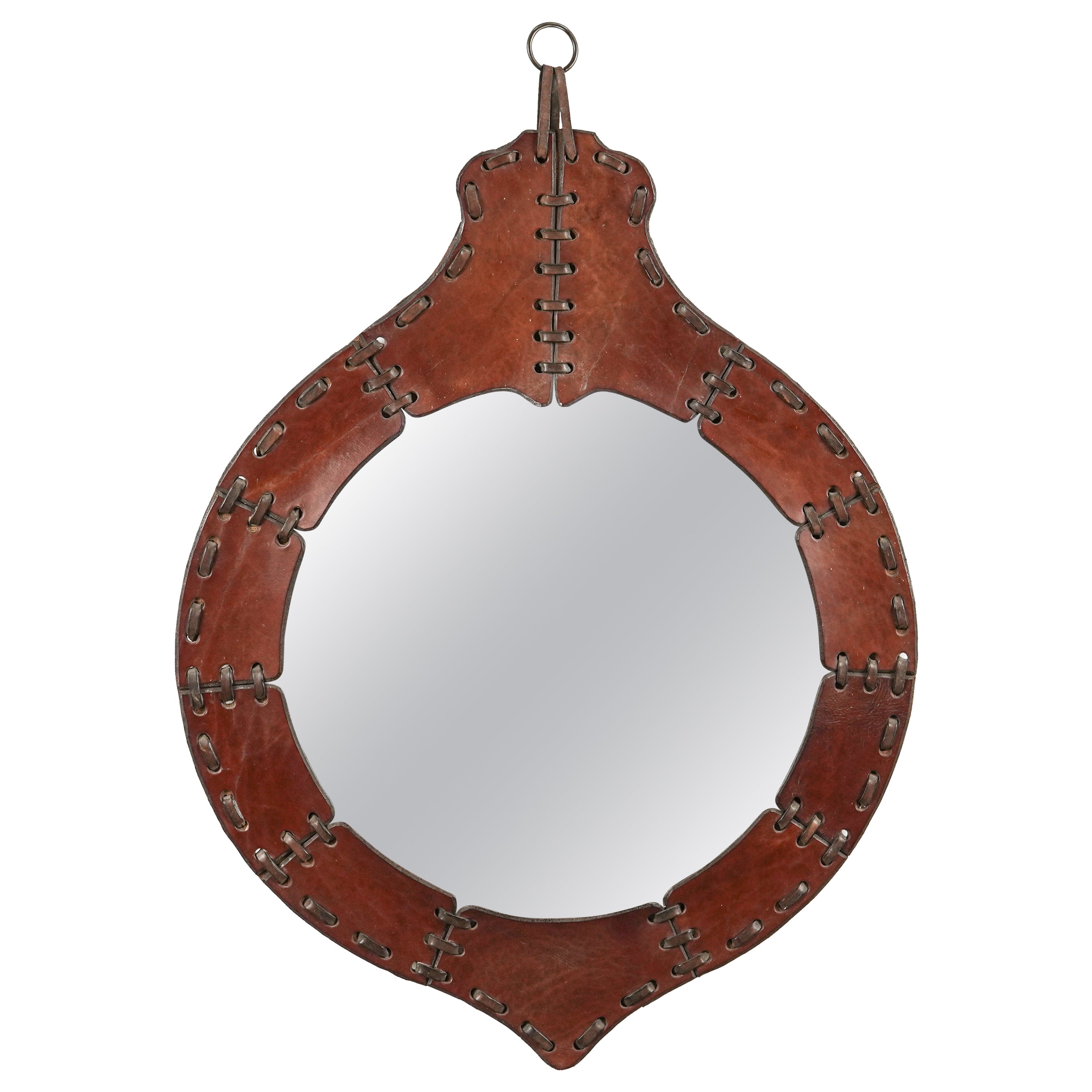 Midcentury Teardrop Wall Mirror in Leather, Italy 1960s For Sale