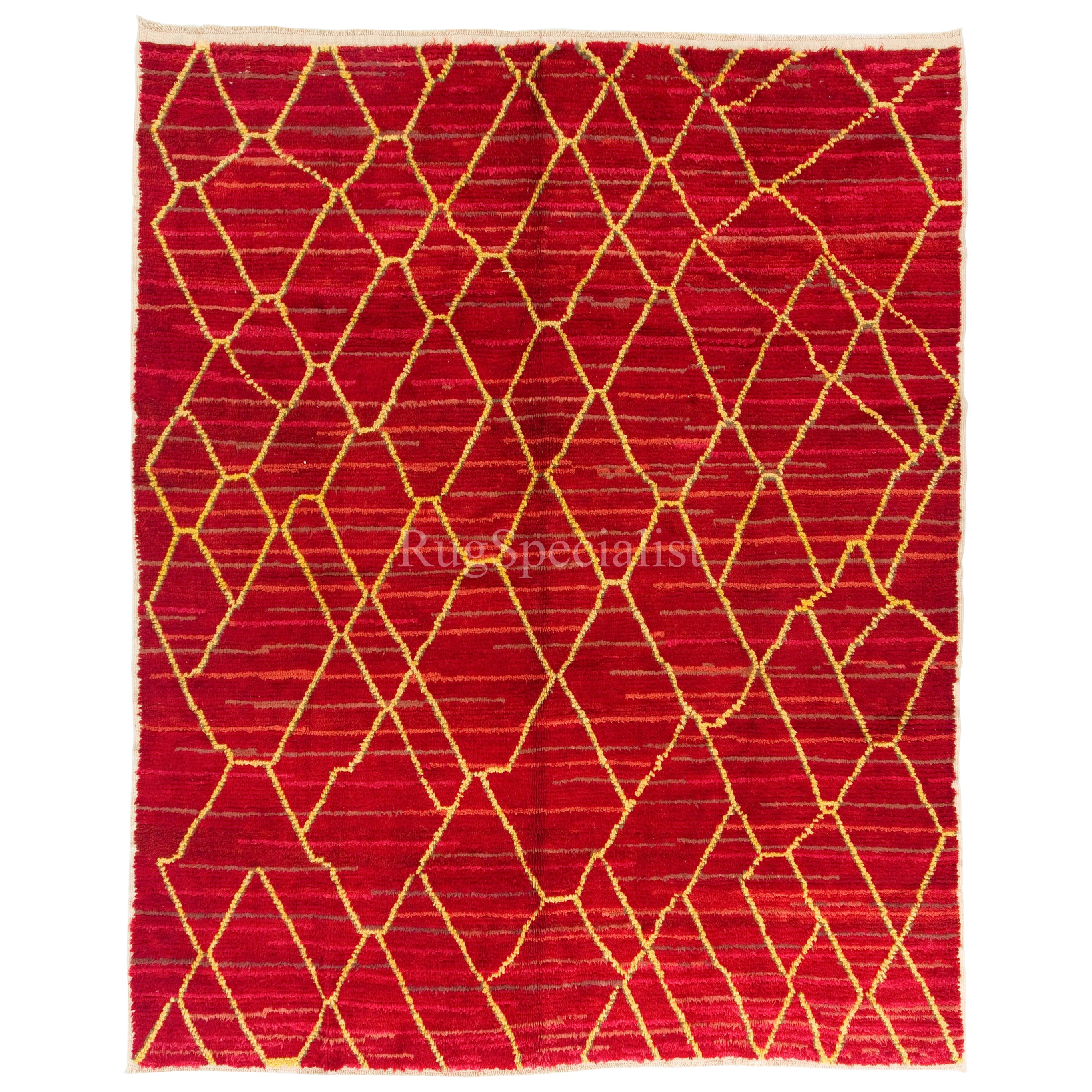 Moroccan Rug with Yellow Atlas Pattern, Red Beni Ourain Tulu Carpet, 100% Wool