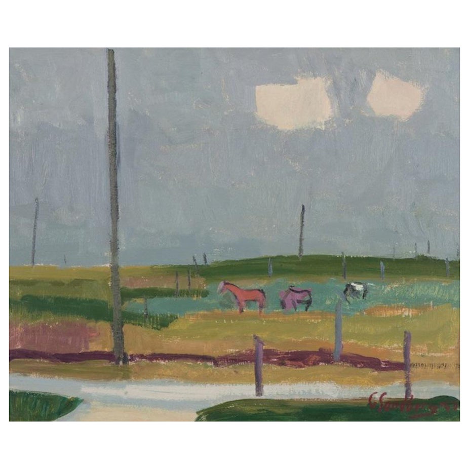 Gotthard Sandberg, Swedish artist. Oil on board.  Modernist landscape For Sale