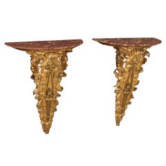 Pair of 20th Century Gold Wood Marble Top Italian Console Tables, 1930s