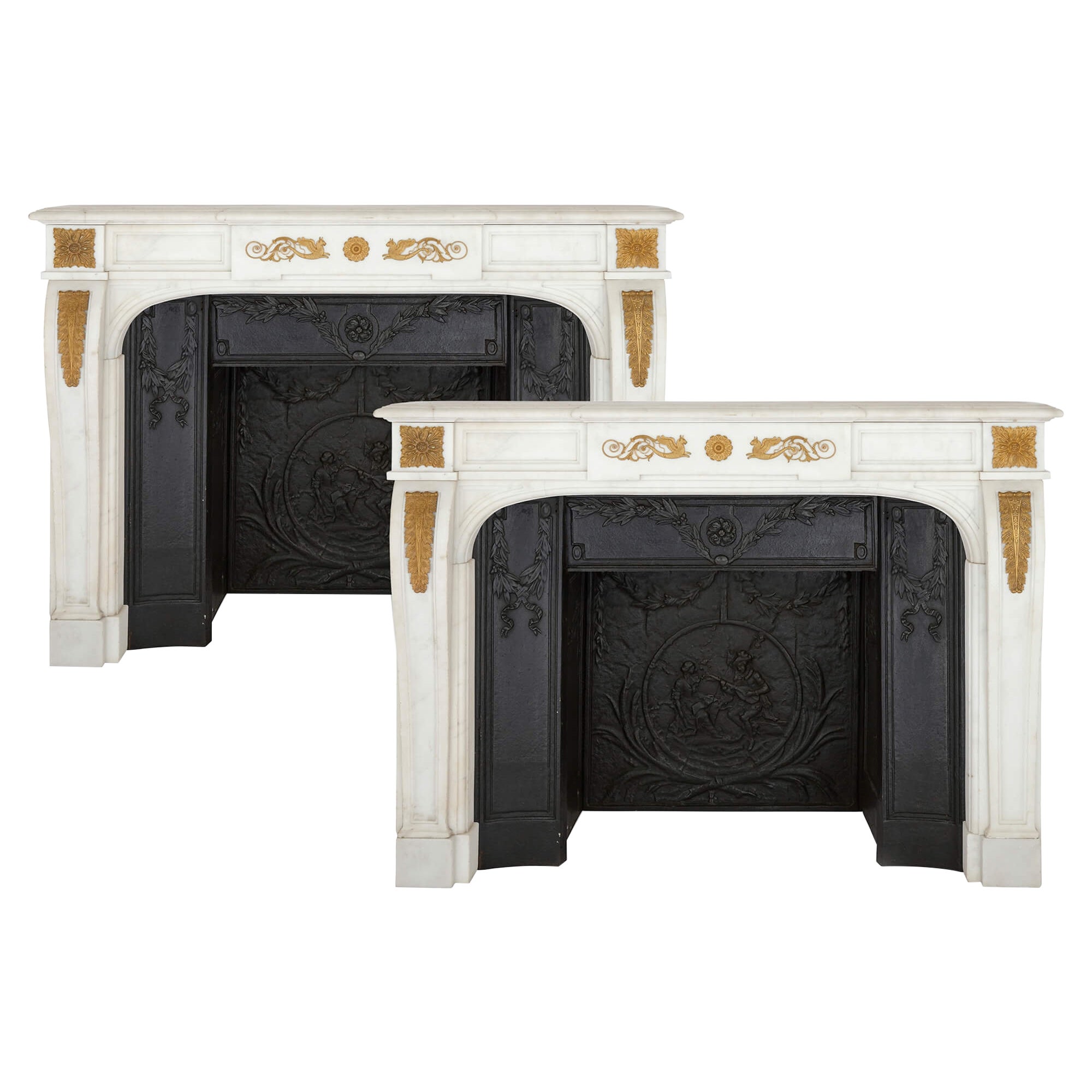 Pair of Antique French Ormolu Mounted Marble Fireplaces with Cast Iron Insets For Sale