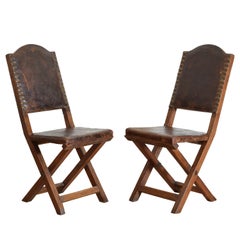 Pair Italian Baroque Period Walnut & Leather Upholstered Folding Chairs, 17thc.