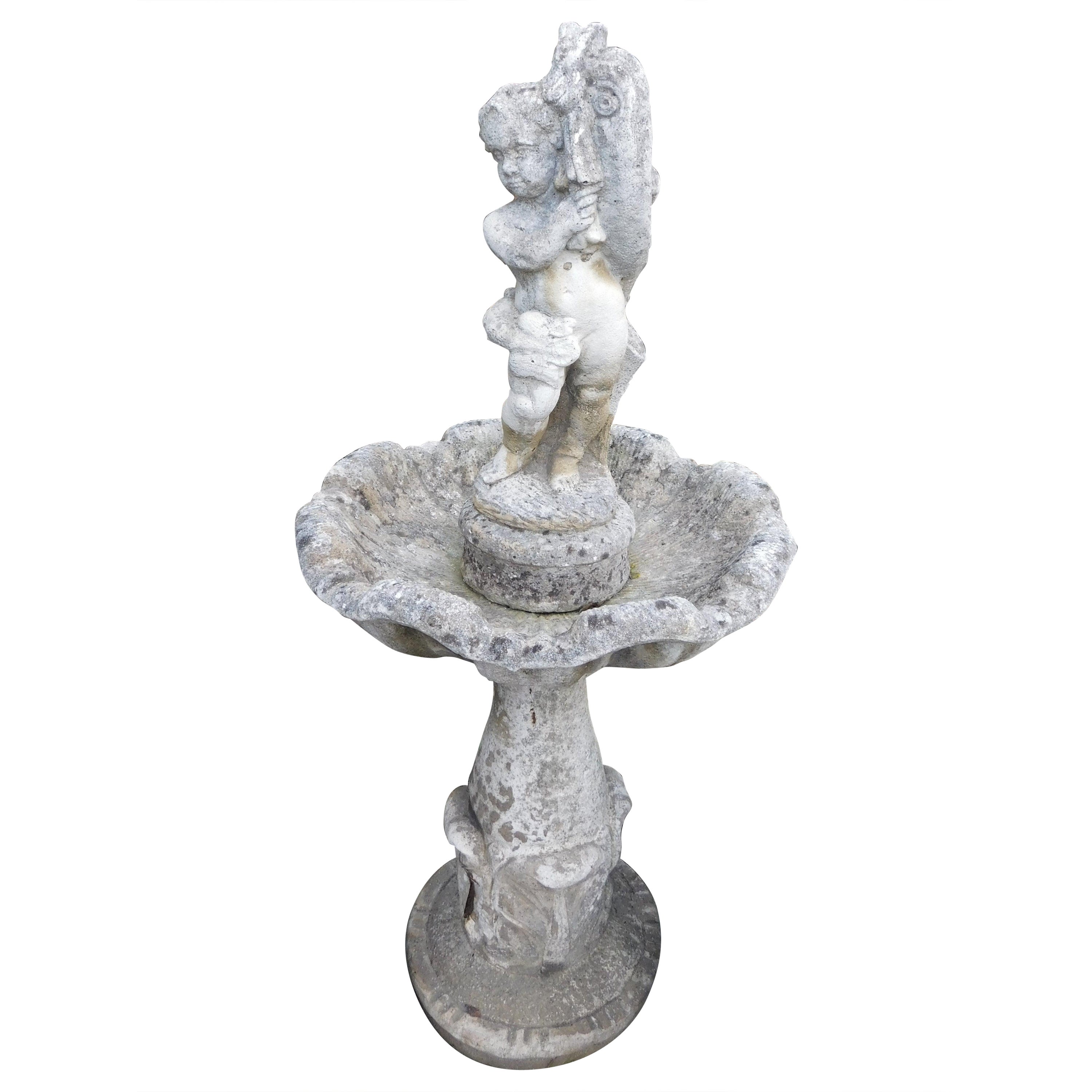 stone garden fountain with carved putto, Italy For Sale