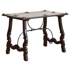 Spanish Baroque Style Walnut, Bronze, & Leather Table, early 18th cen and later