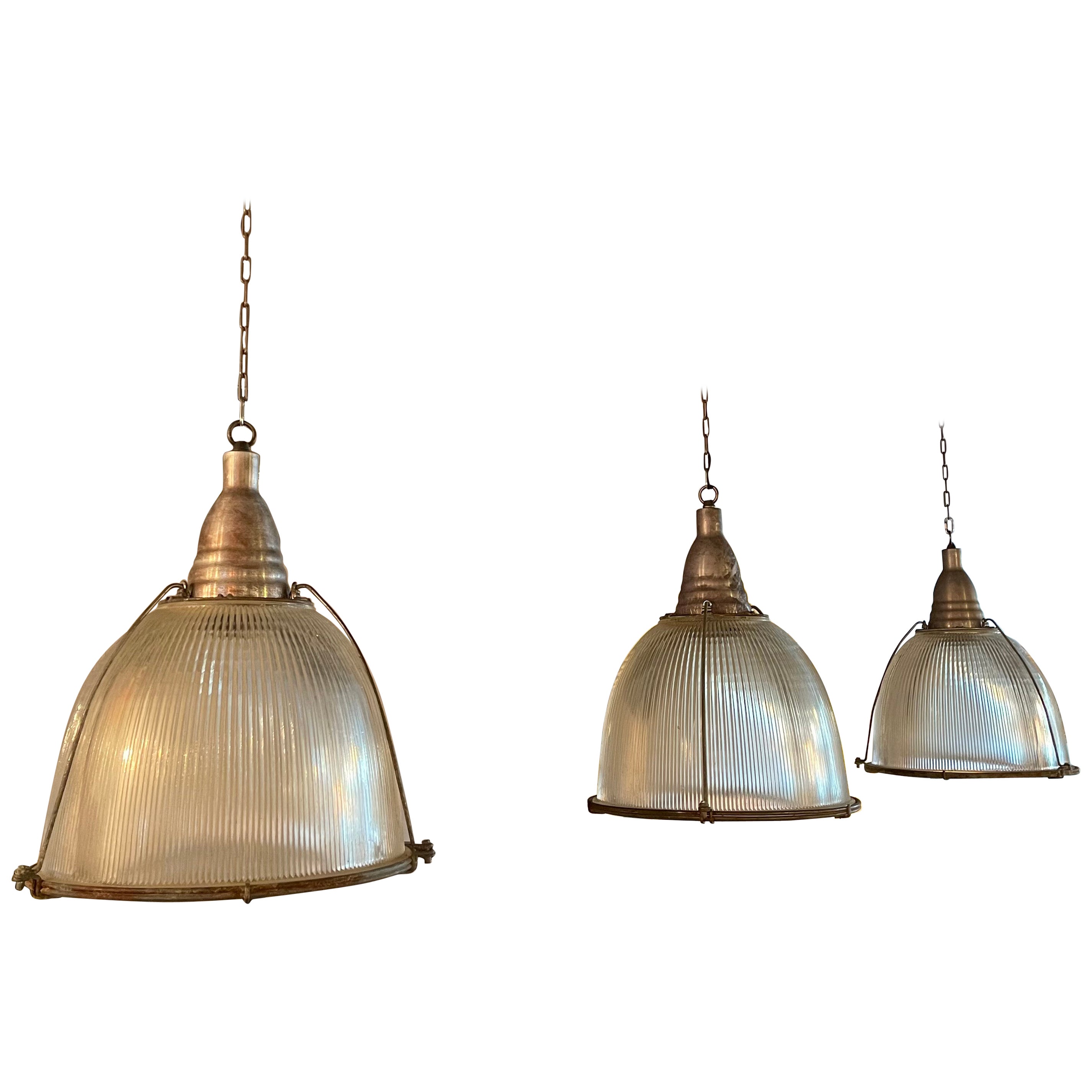 Industrial Factory Caged Holophane Glass Pendant Lights For Sale