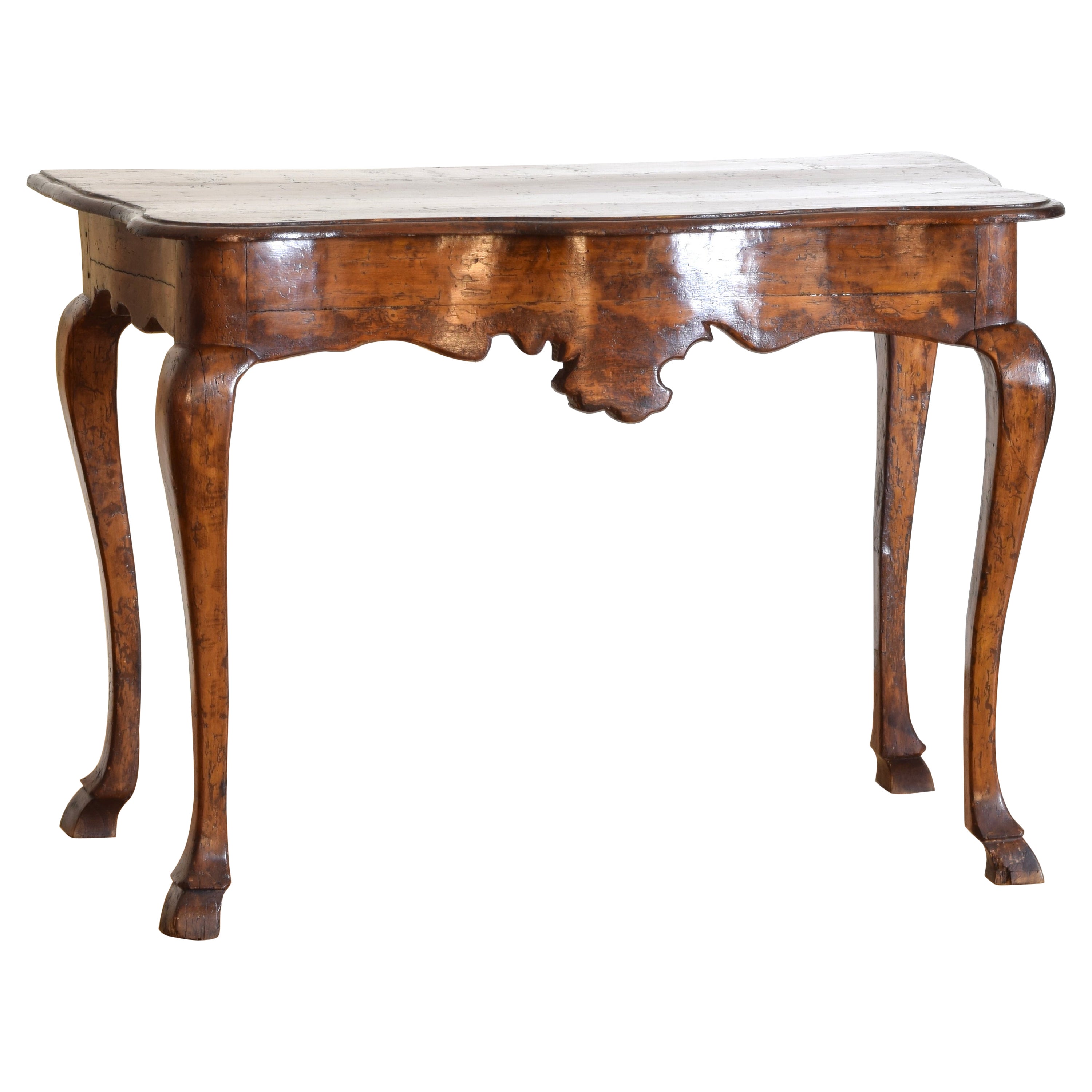 Italian, Tuscan, Louis XIV Shaped Walnut & Fir Wood Console Table, mid 18th c For Sale