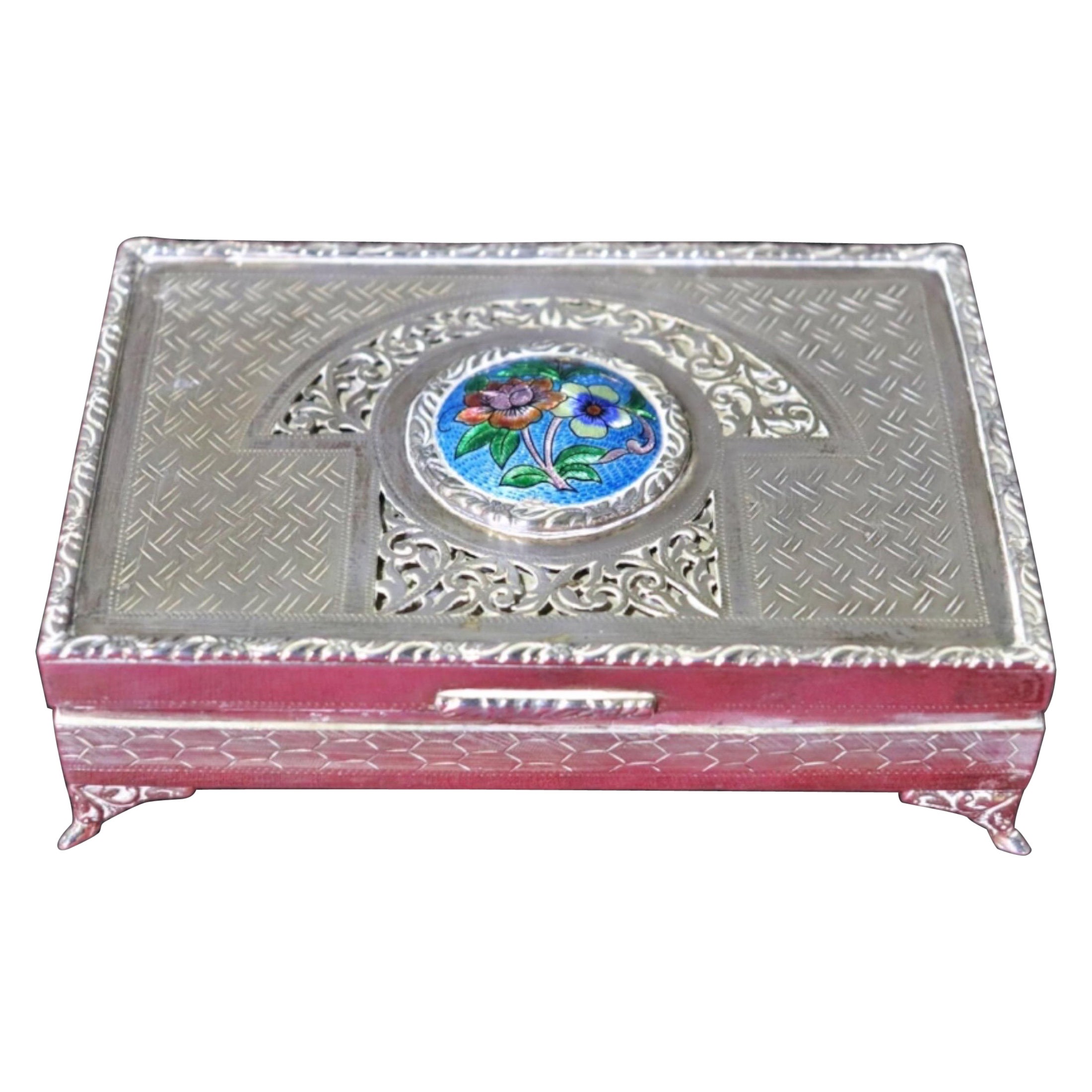 Boîte à bibelots en argent continental avec plaque en émail