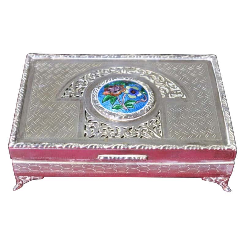 Michael Aram Tooled Silver Metal, Enamel Two Part Box With Brass Flower ...