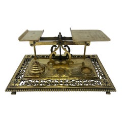 Antique English Victorian Brass Letter Scale & Weights, Circa 1880-1890.