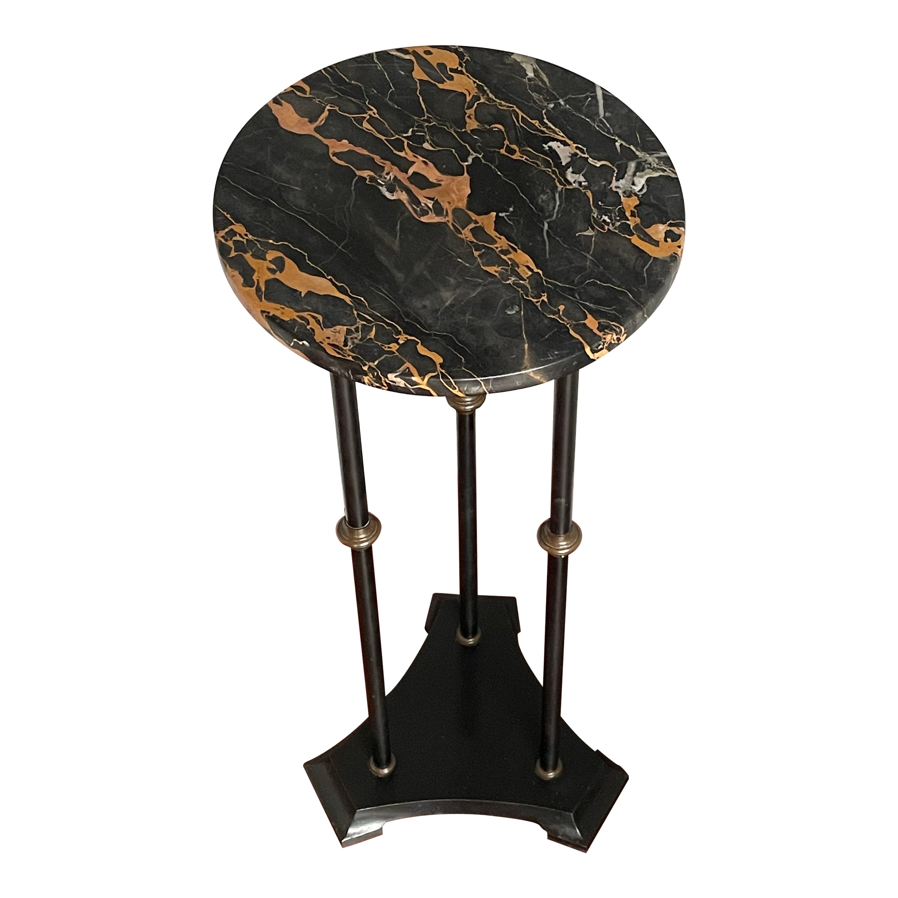 Art Deco Black Cast Iron Pedestal Table / Sculpture Stand w. Stunning Marble Top For Sale