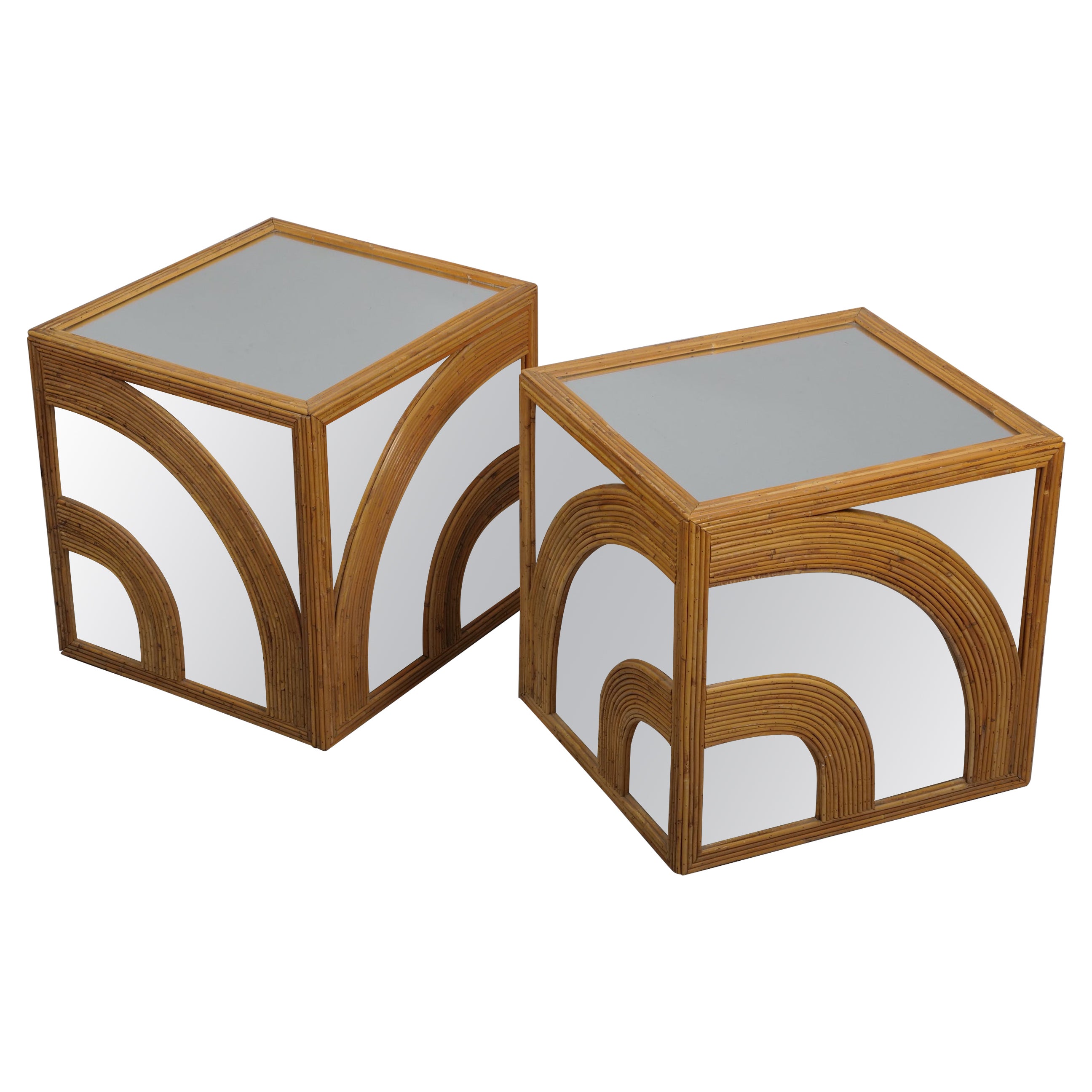 Pair of Vivai del Sud cane and mirror cube tables c1970 For Sale