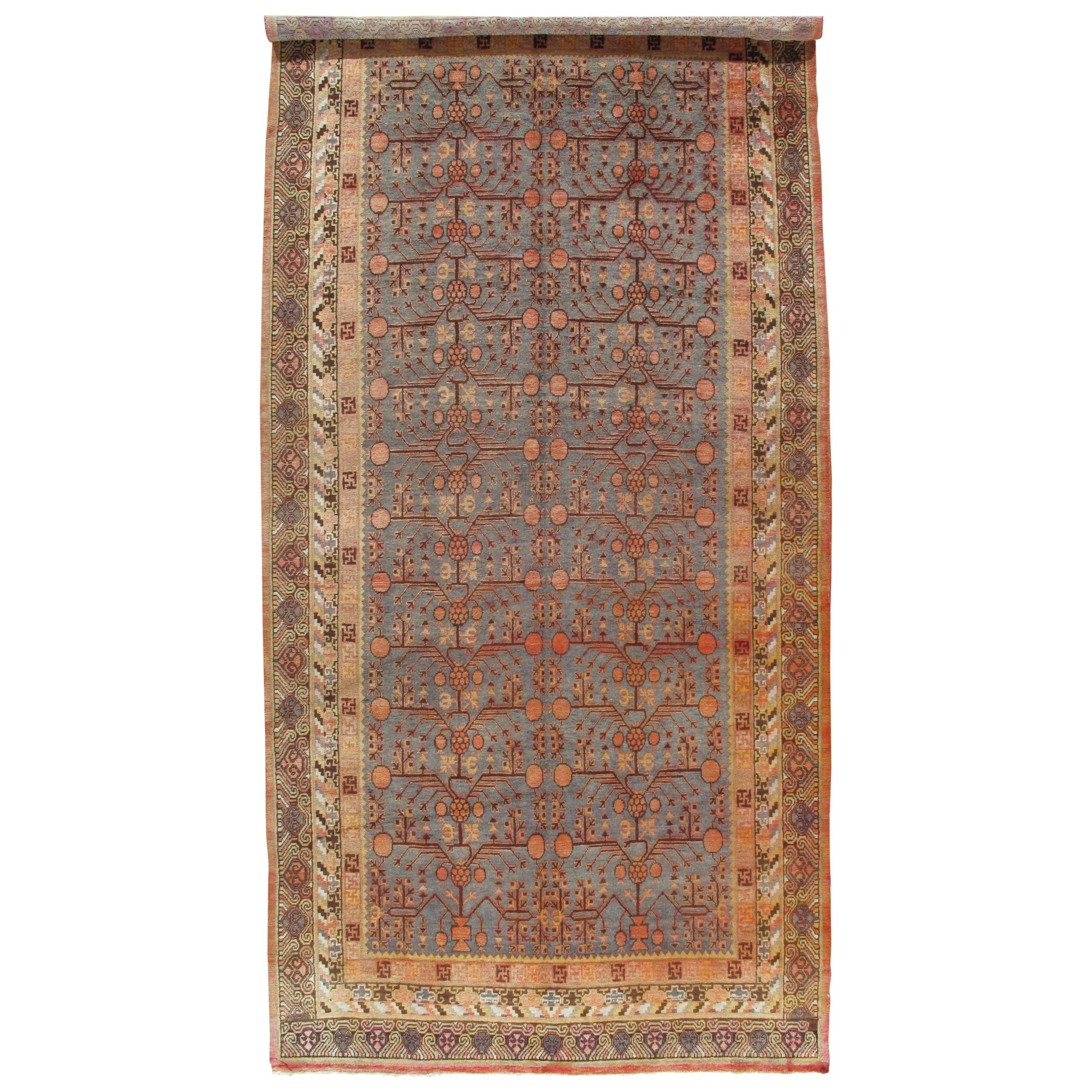 Vintage  Khotan-Teppich, handgefertigter orientalischer Teppich, weiche Muscheln, Beige, Braun, Blaugrau