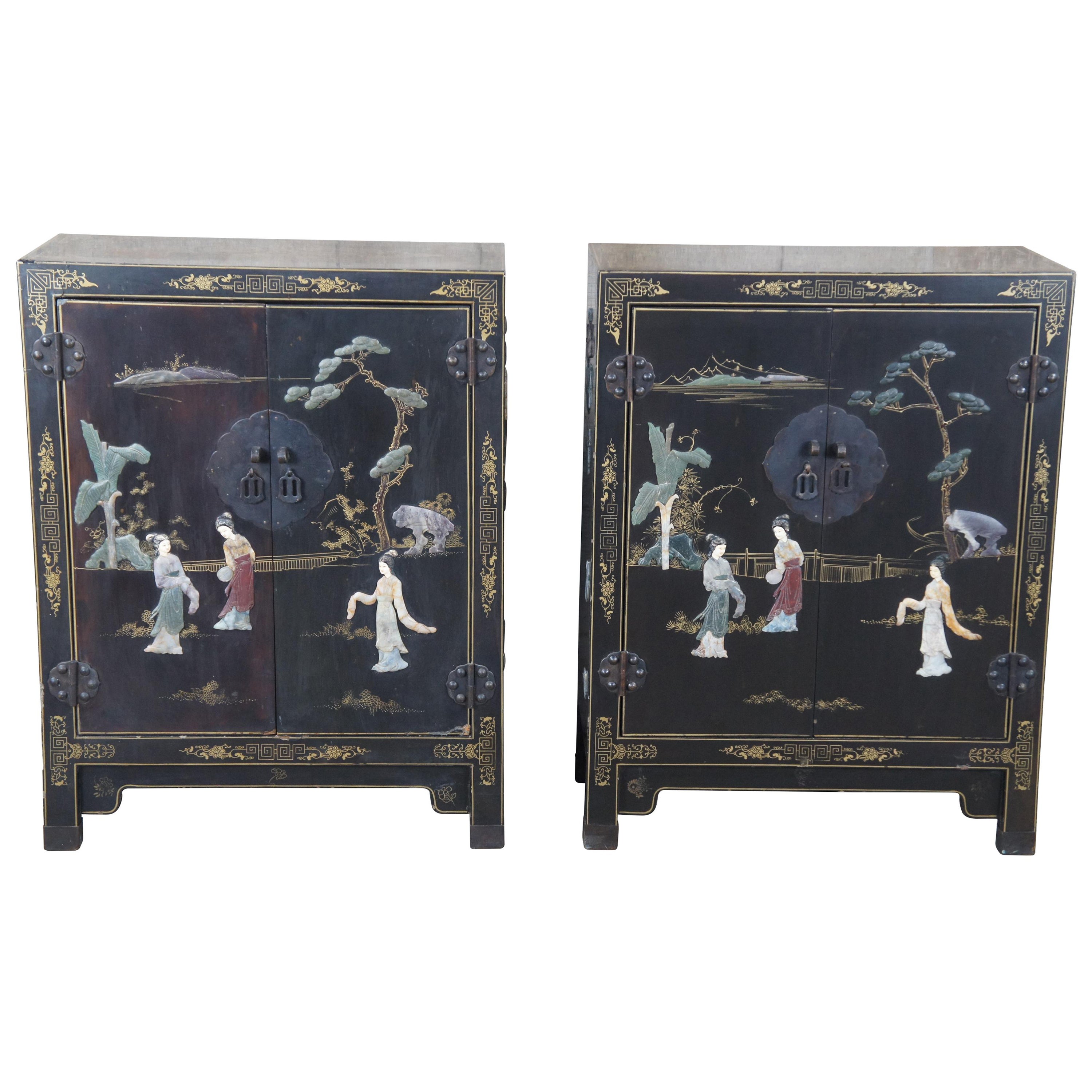 2 Chinese Export Black Lacquer Carved Soapstone Scholars Cabinets Console Chests For Sale