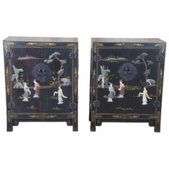2 Chinese Export Black Lacquer Carved Soapstone Scholars Cabinets Console Chests
