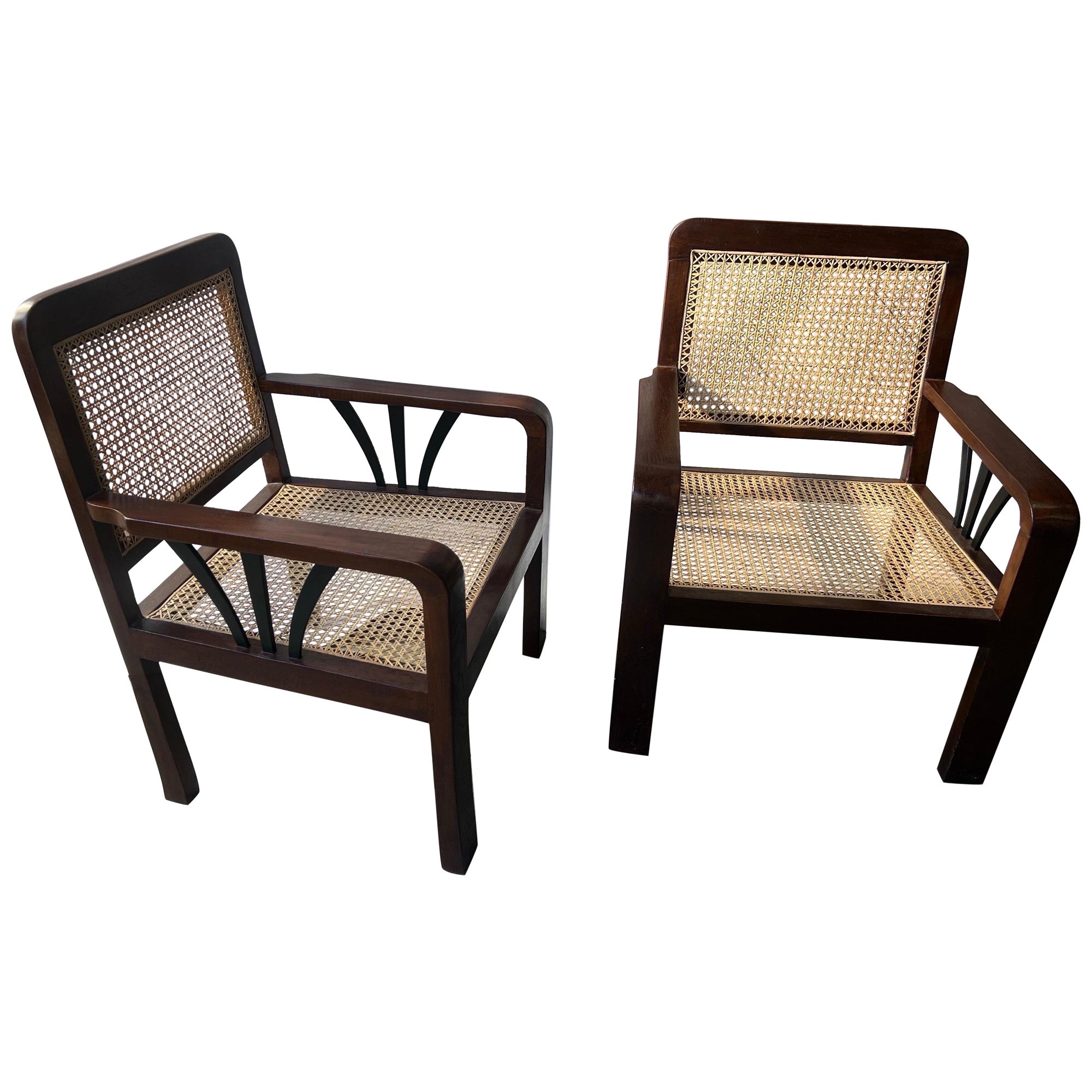 Pair of Deco Period British Colonial Hand Caned Teak Club Chairs  For Sale
