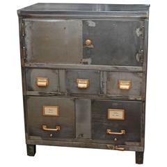 Antique 1920s Stripped and Lacquered Steel File Cabinet with Drawers and Compartments