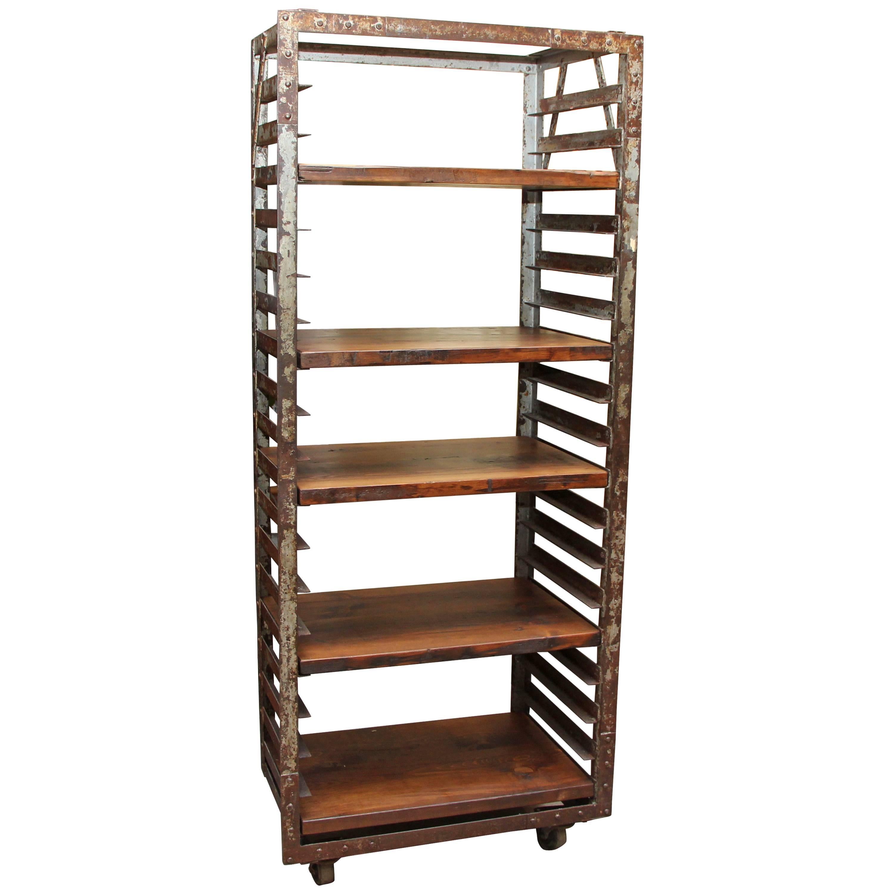 1940s Industrial Age Laquered Steel Baker's "Speed Rack" with Wood Shelves