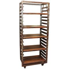 Vintage 1940s Industrial Age Laquered Steel Baker's "Speed Rack" with Wood Shelves