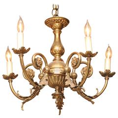 1920s Petite Brass Five-Arm Chandelier with Rosettes and Leaf Details