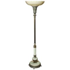 1930s Art Nouveau Torchiere Floor Lamp with Marble Base and Fluted Center Column