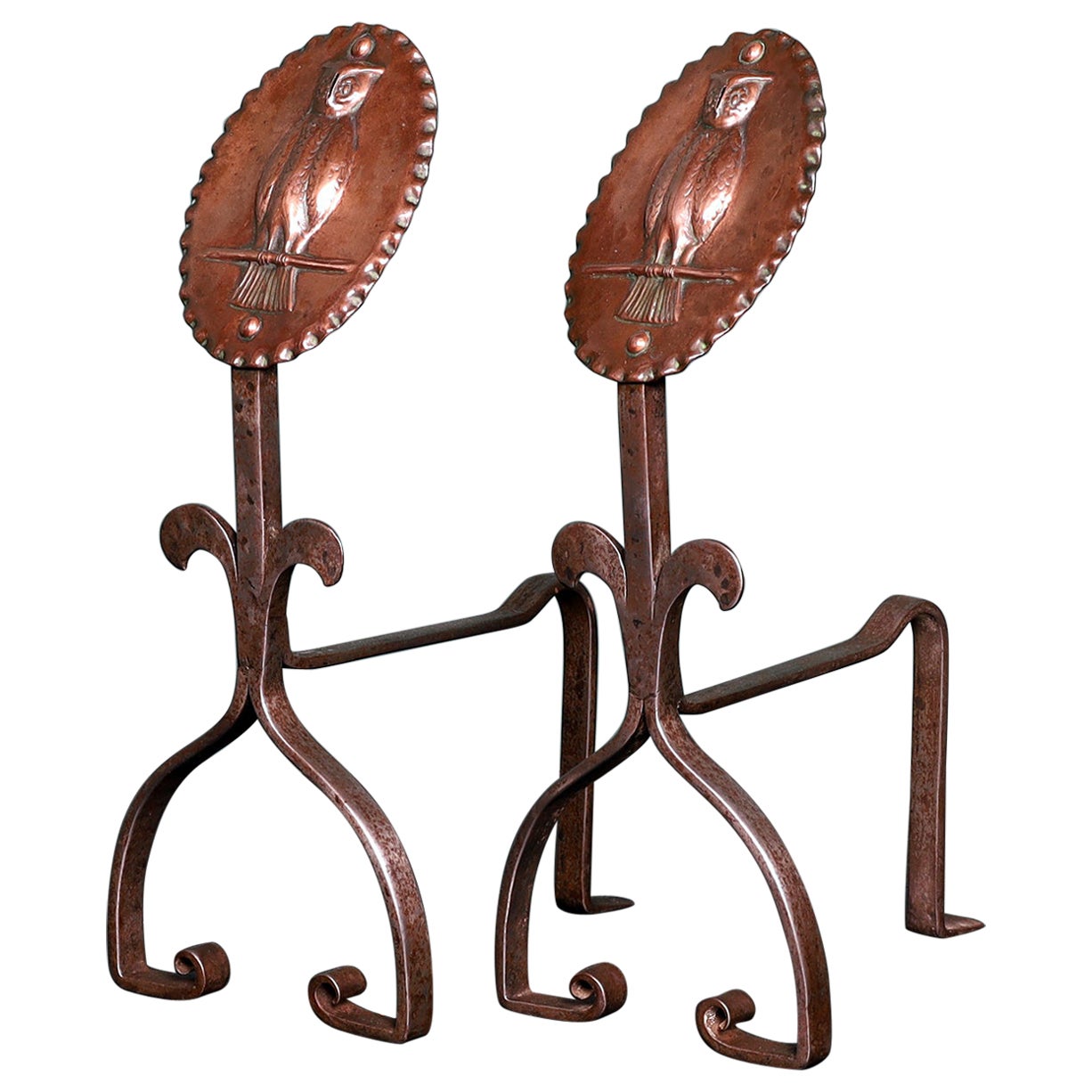 A Pair of Bronze & Wrought Owl Fire Andirons Rests