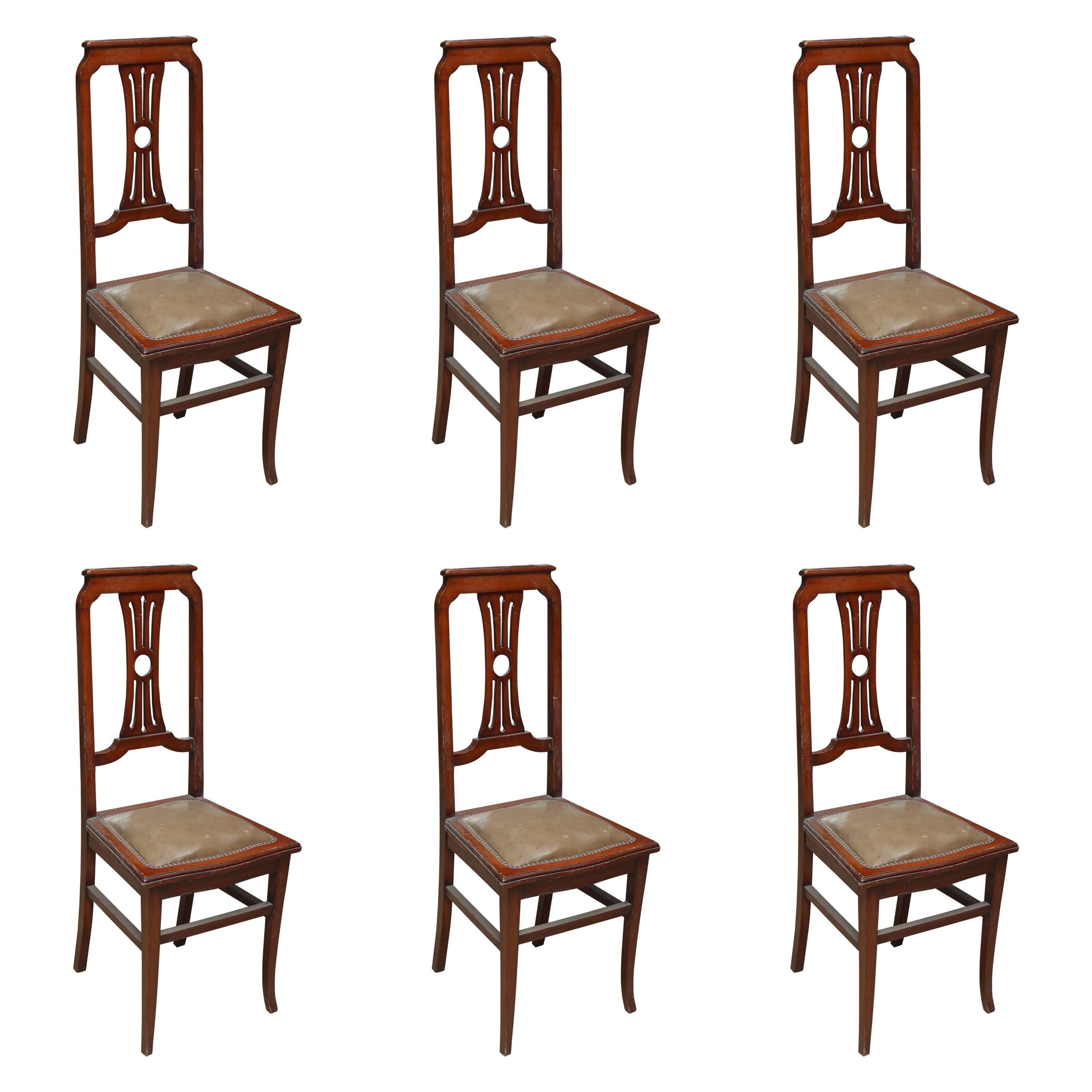 1940s Set of French Tall Lyre Back Carved Wood Dining Chairs with Leather Seat