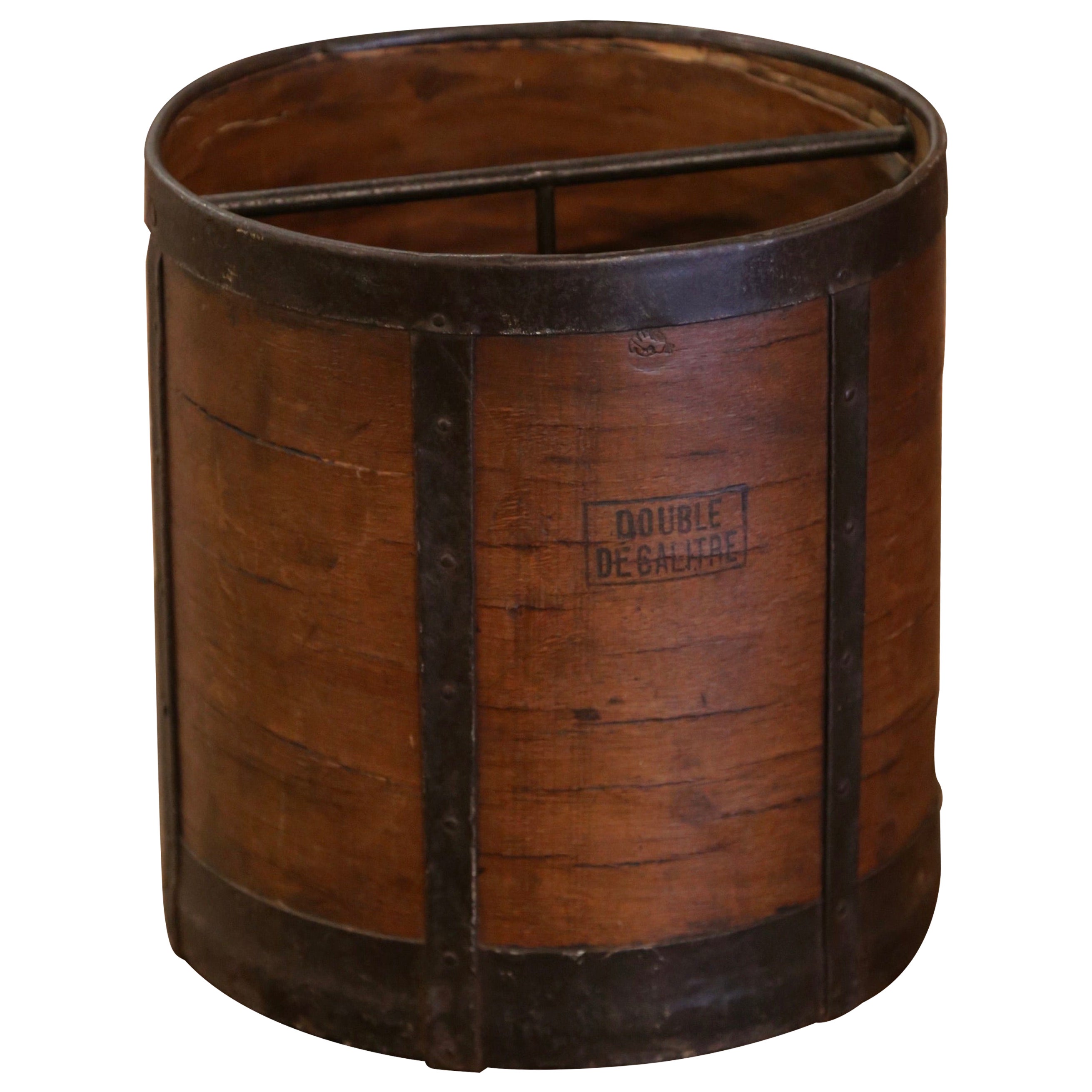 19th Century French Wood and Iron Grain Measure Bucket or Waste Basket