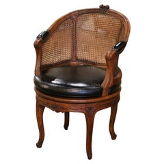 19th Century French Louis XV Carved Walnut, Cane & Leather Swivel Desk Armchair 