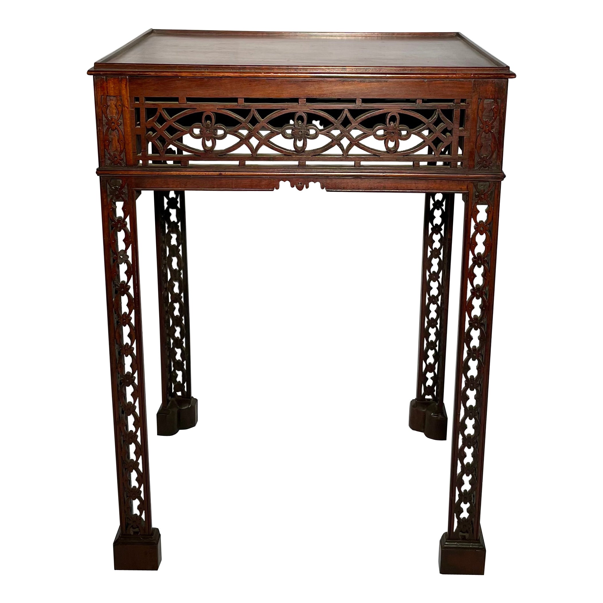 Antique English Mahogany Tea Table with Chippendale Fretwork, Circa 1880. For Sale
