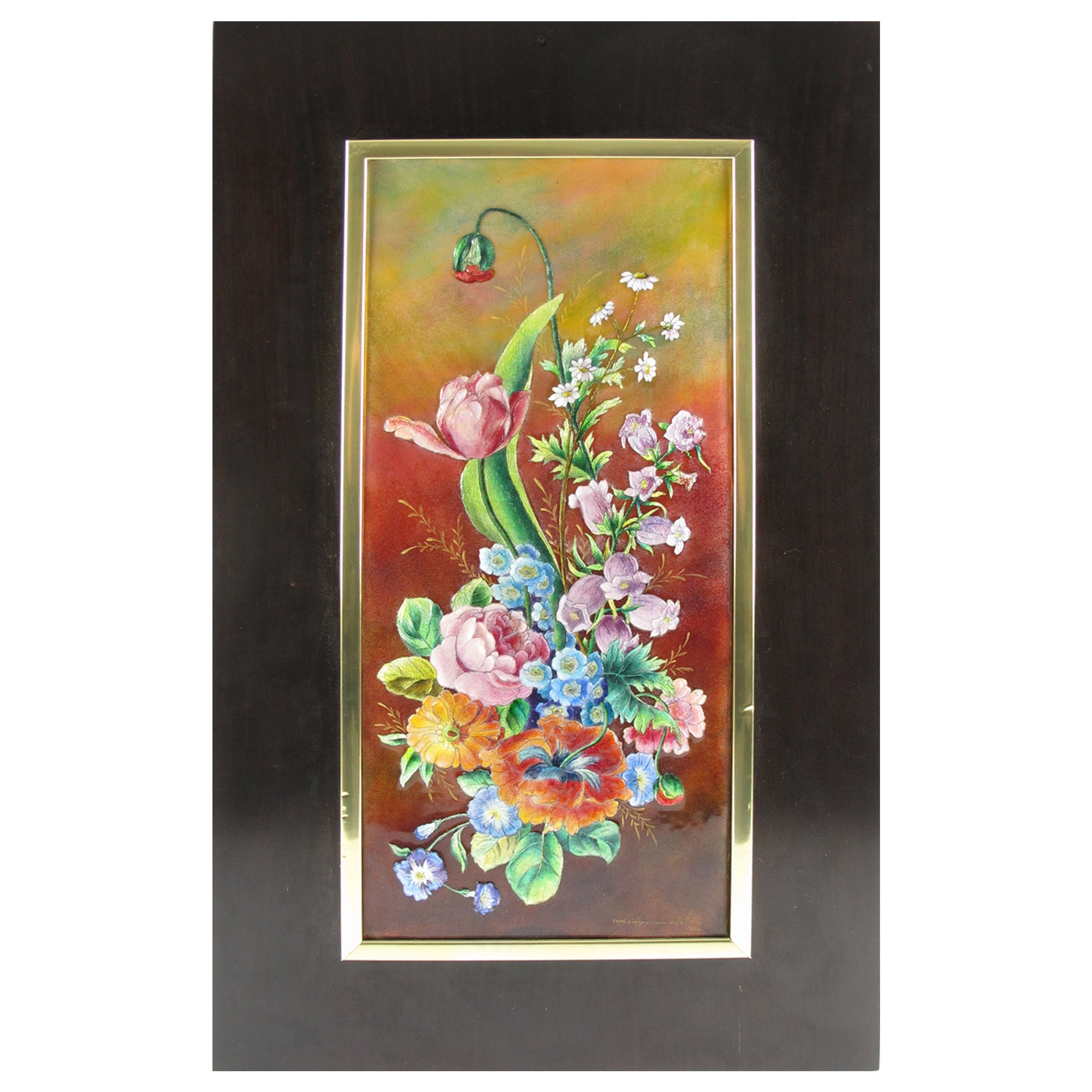 Camille Faure Limoges Framed Floral Enamel Wall-Mounted Plaque For Sale