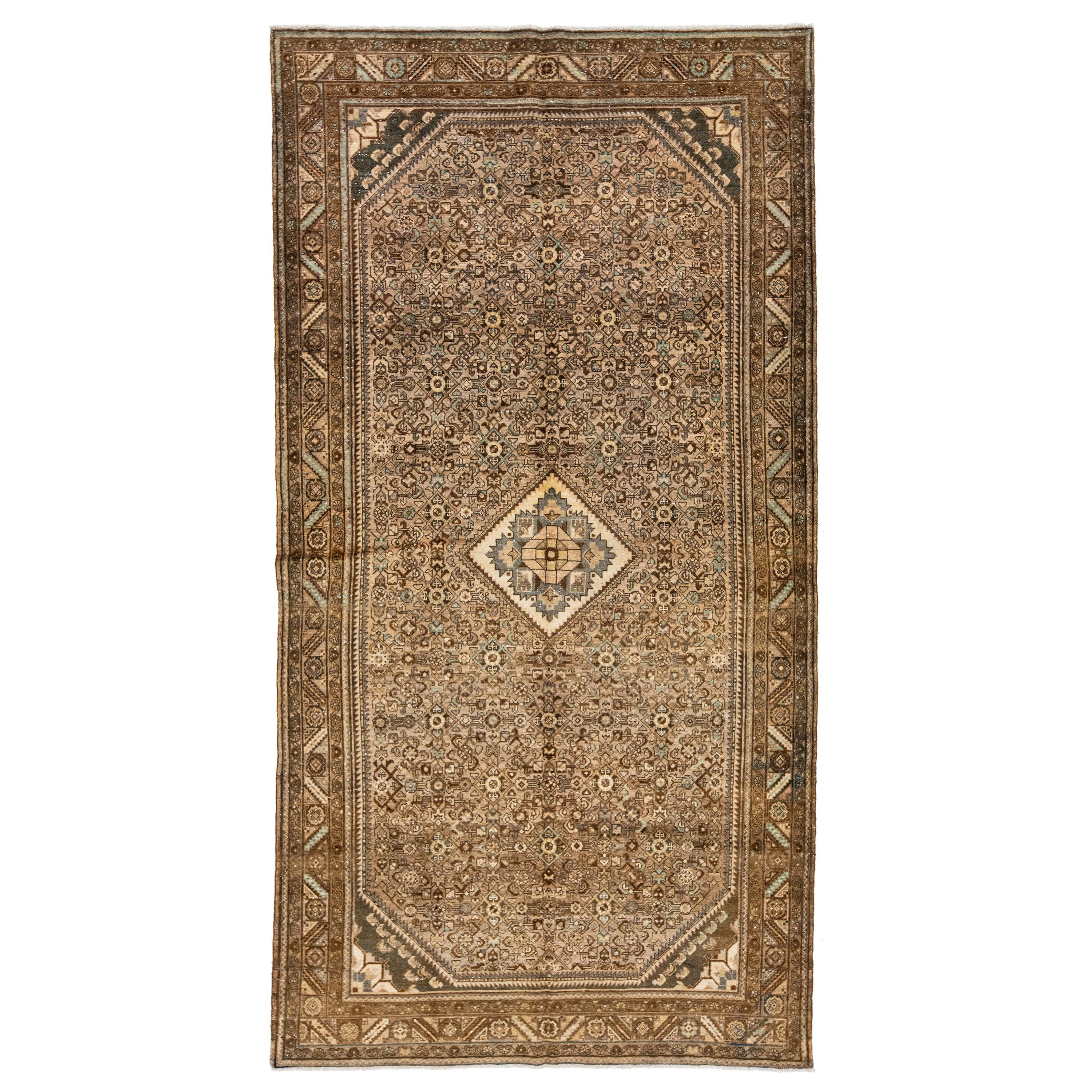 Tapis de laine persane Hamadan antique, marron clair, avec motif de médaillon