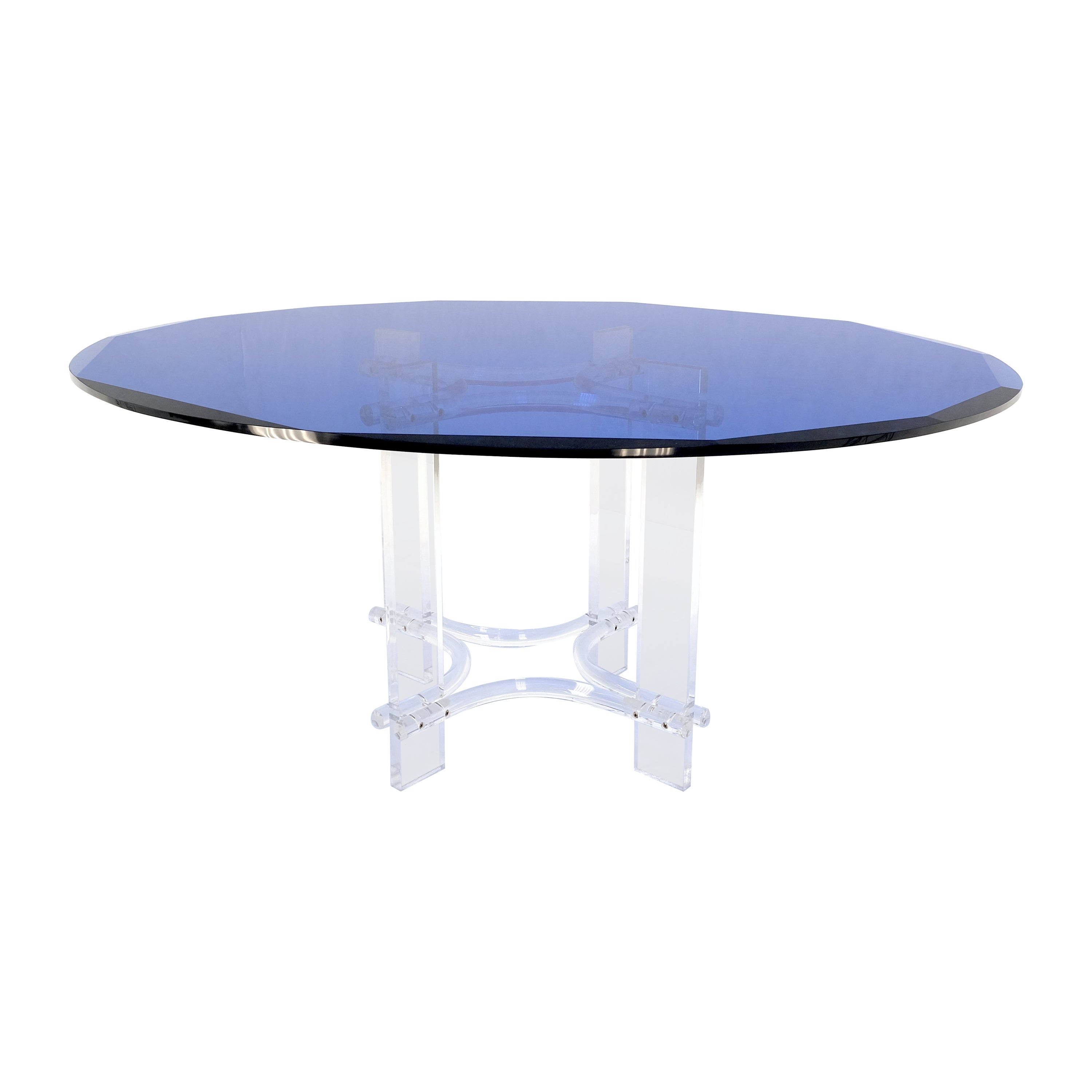 Large Oval Blue Azul  Purple Beveled 3/4" Glass Top Dining Table on Lucite Base  For Sale