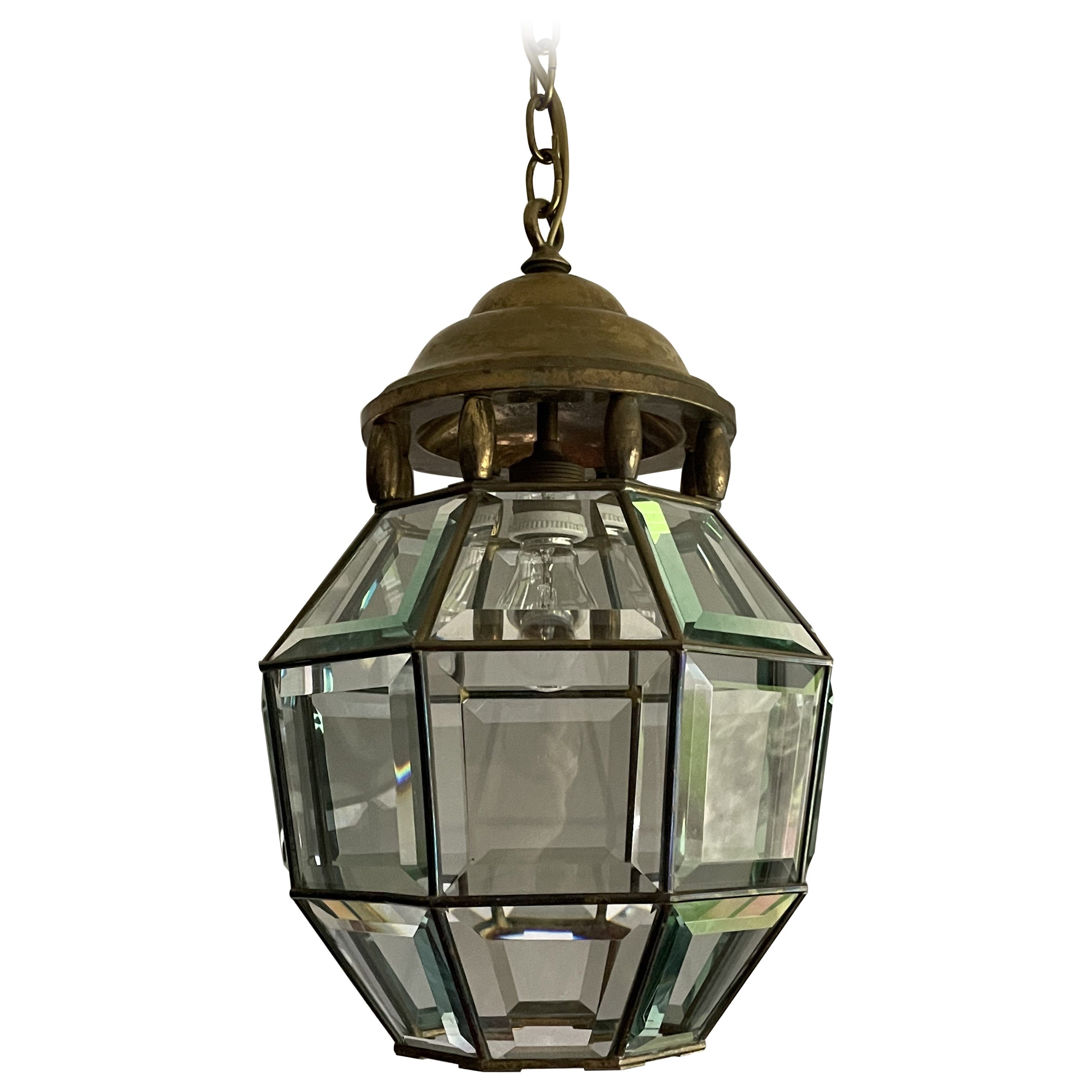 Antique Arts & Crafts Brass and Beveled Glass Entry Hall Pendant / Light Fixture For Sale