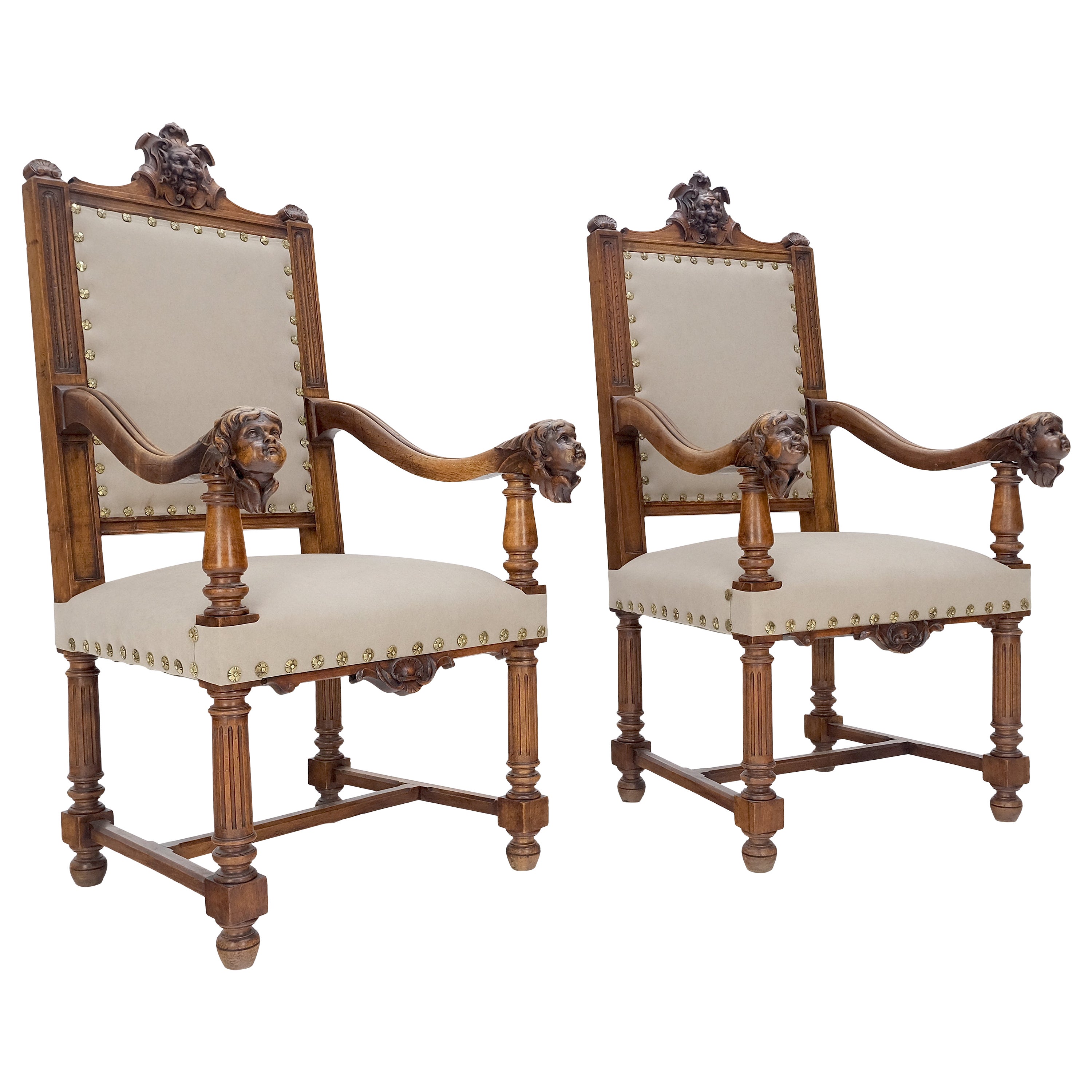 Pair Antique Heavily Carved Walnut Cherub North Wind Faces Arm Chairs New Uphols For Sale