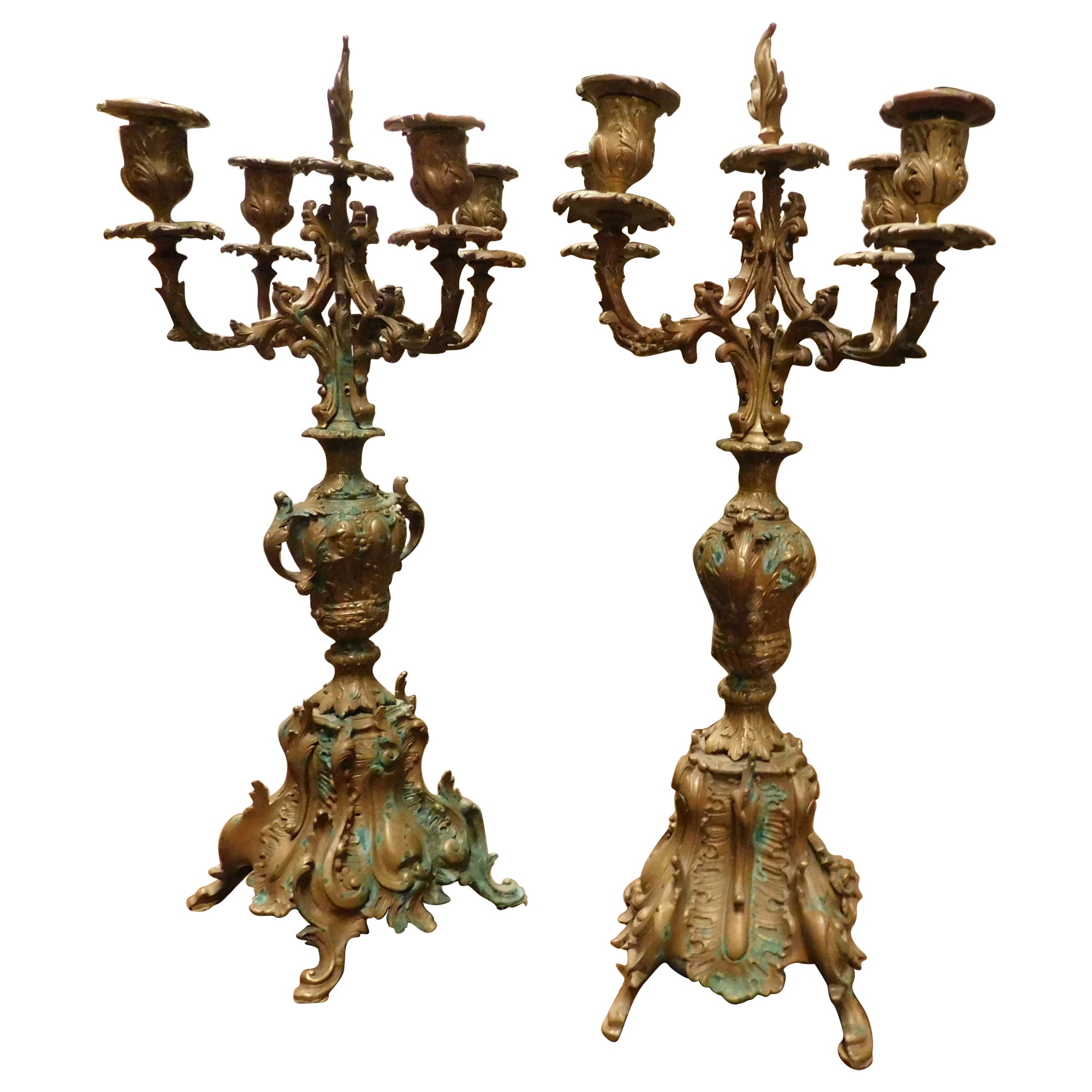 Pair of gilded and sculpted bronze candelabra, Italy