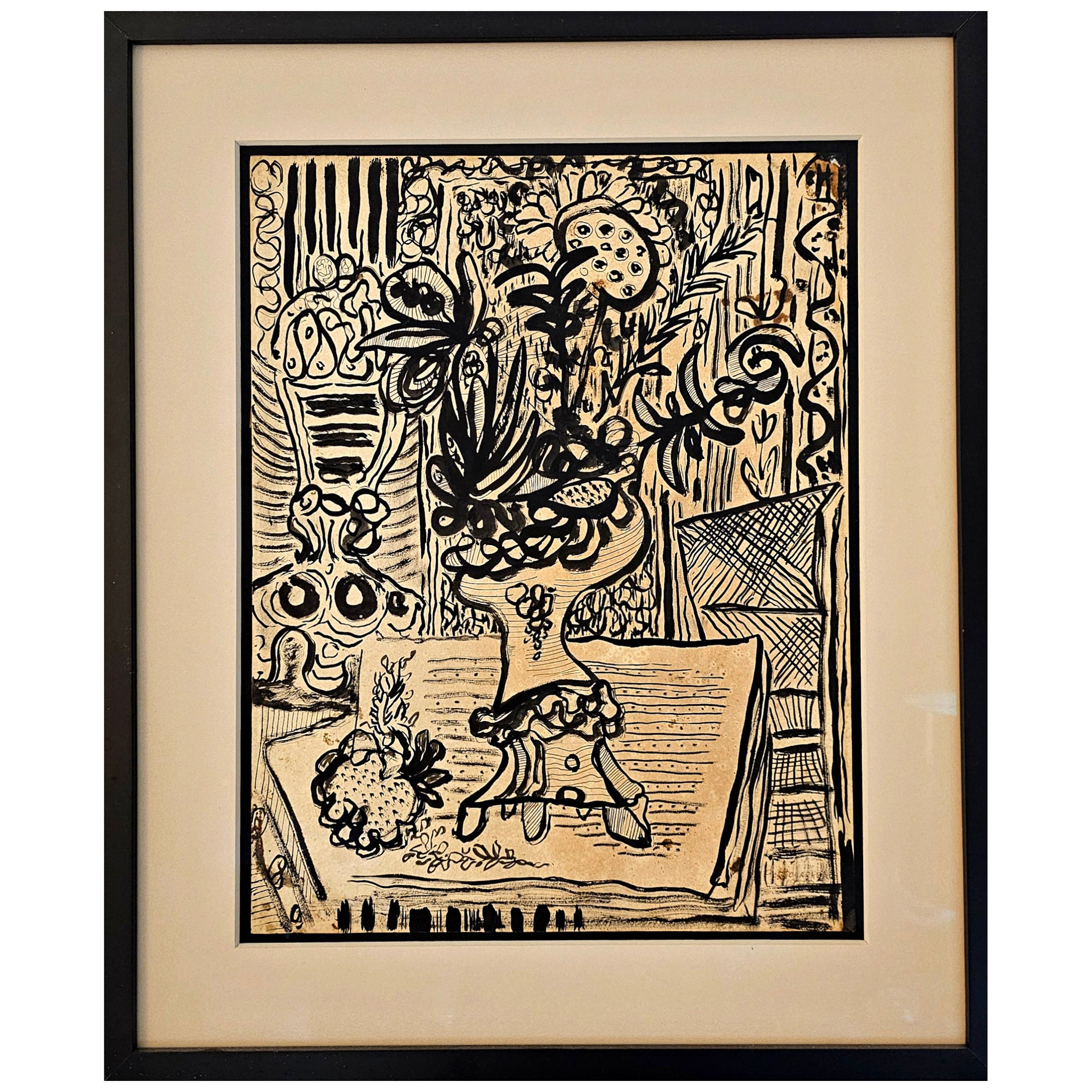 Rene Portocarrero 1952 Cuban Art Jarron Con Flores Ink And Gouache On Paper For Sale
