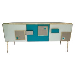 Modern Italian Ivory Gray Teal Blue Geometric Postmodern Brass Cabinet Sideboard