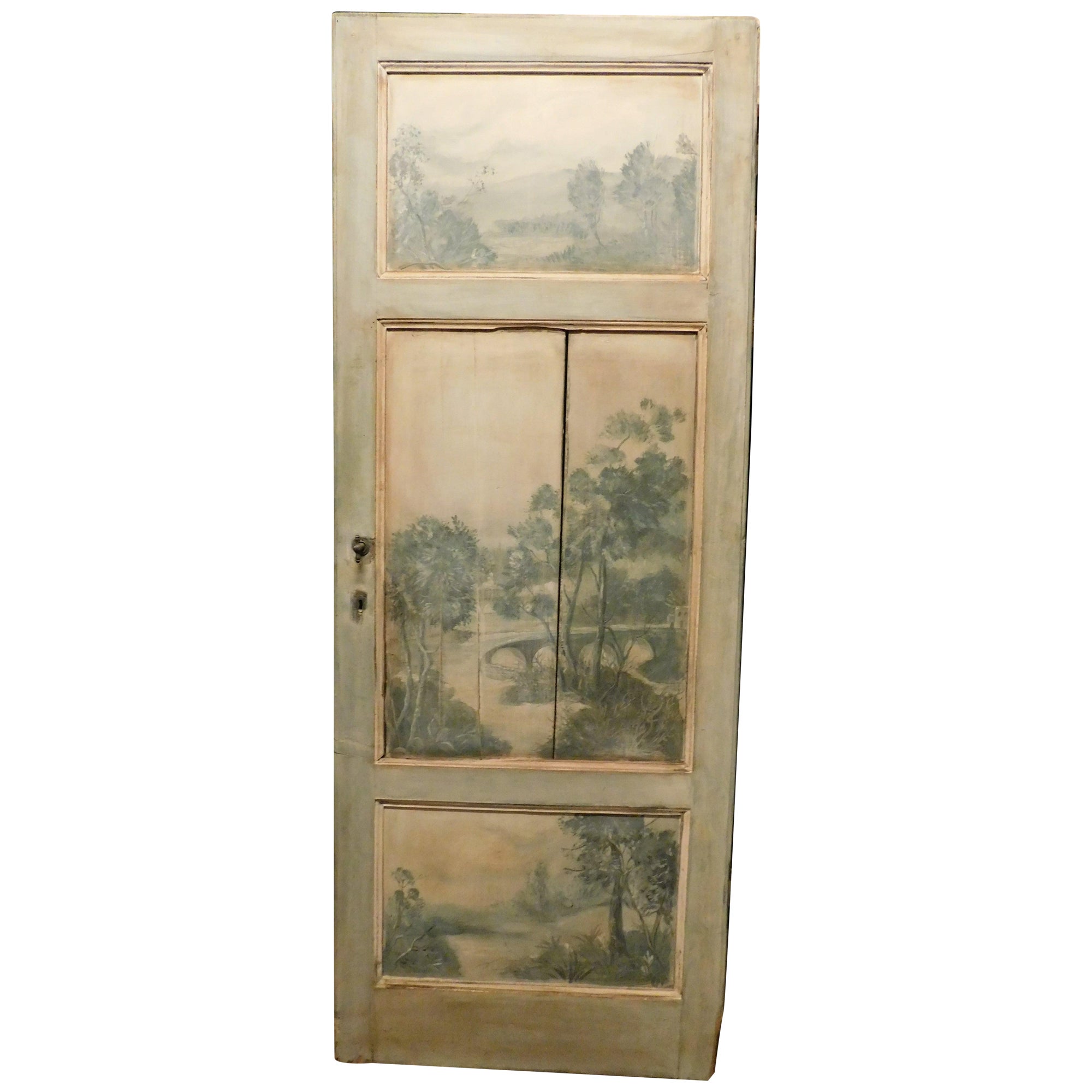Old Door painted with landscape, 3 light blue gray panels, Italy For Sale