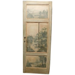 Old Door painted with landscape, 3 light blue gray panels, Italy