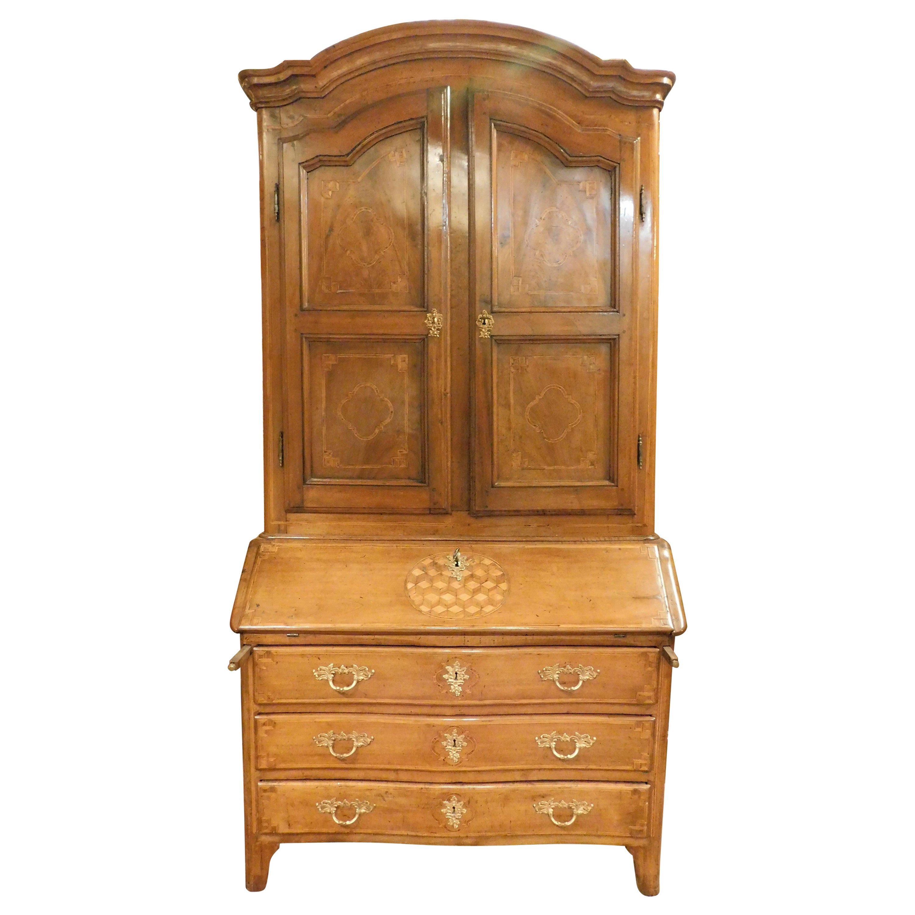 Antique walnut Trumeau, richly inlaid, 2 doors, drawers and flap, Italy For Sale