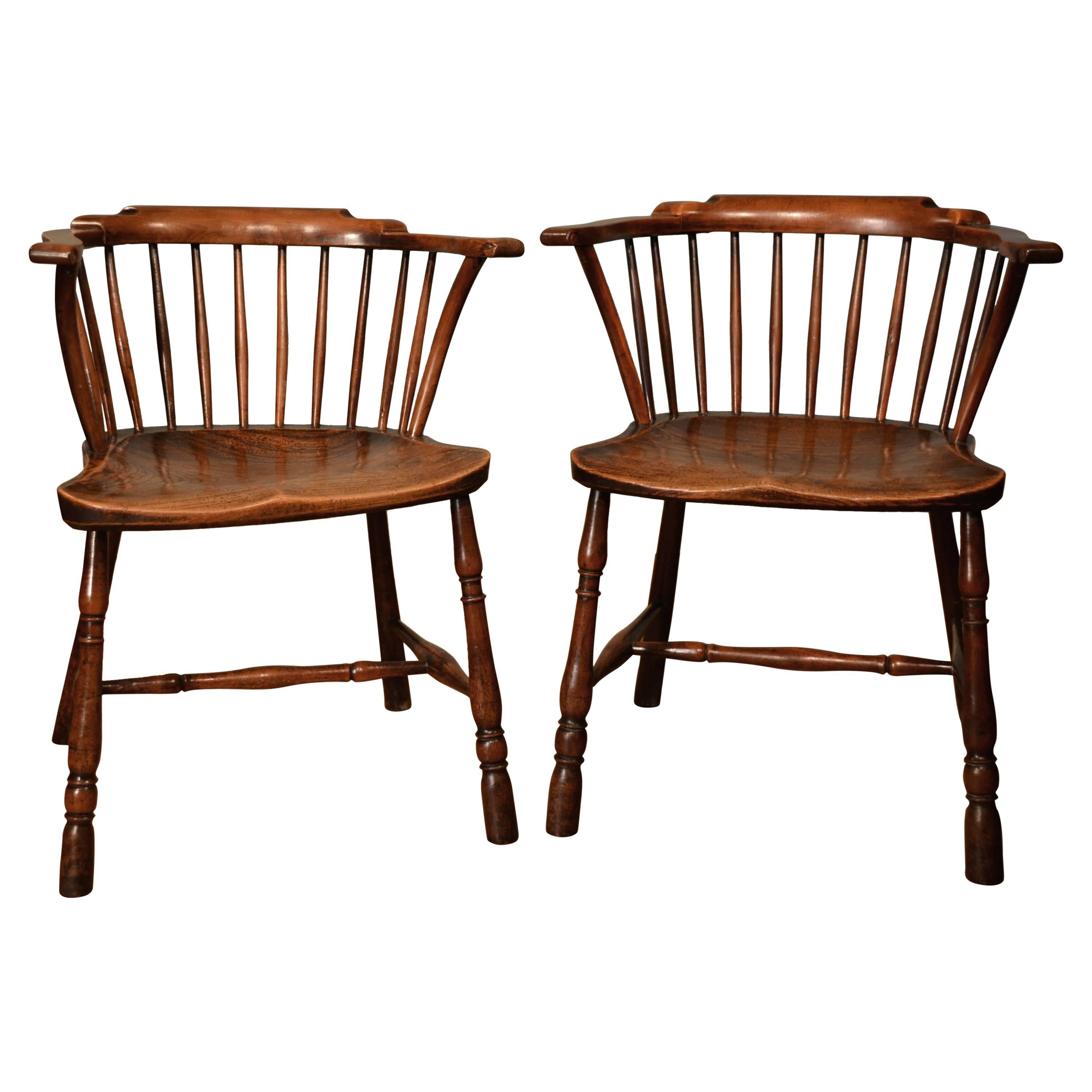 Rare 18th Century Pair of Low Back Yew Wood 'Library Chairs'