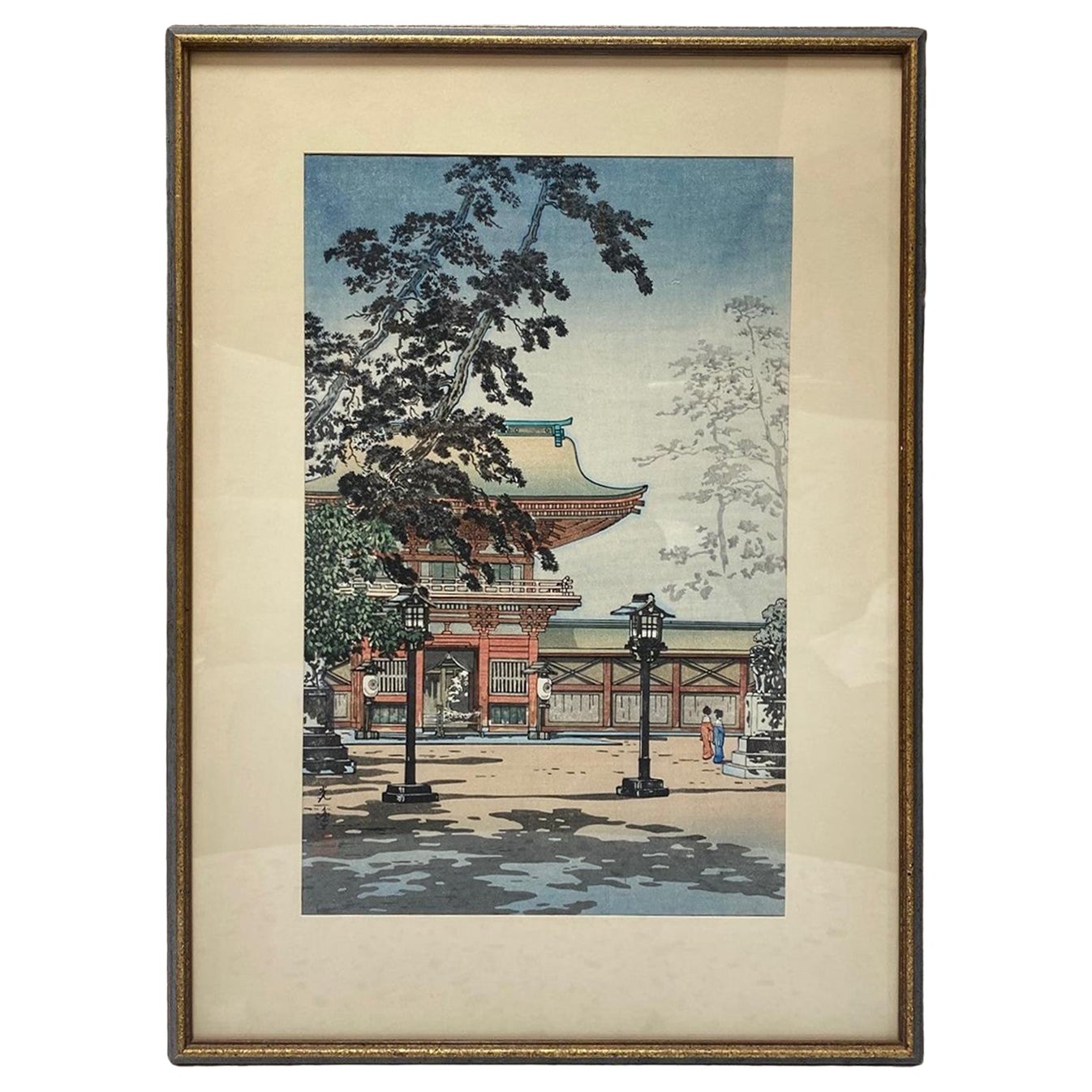 Temple Hakozaki Hachimangu japonais Showa signé Tsuchiya Koitsu en vente