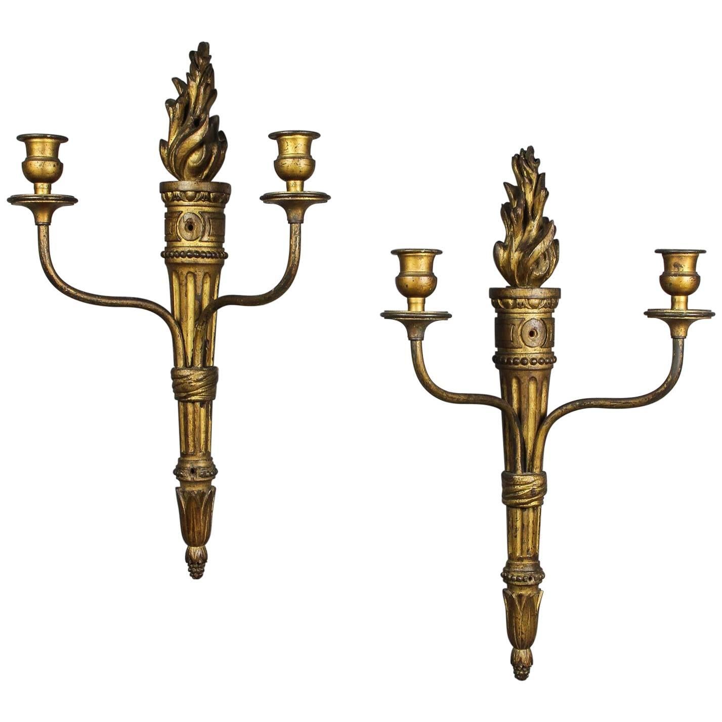 Pair of Carved Giltwood Wall Lights For Sale
