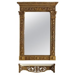 French Empire Style Carved Gold Gilt Mirror & Shelf C1950