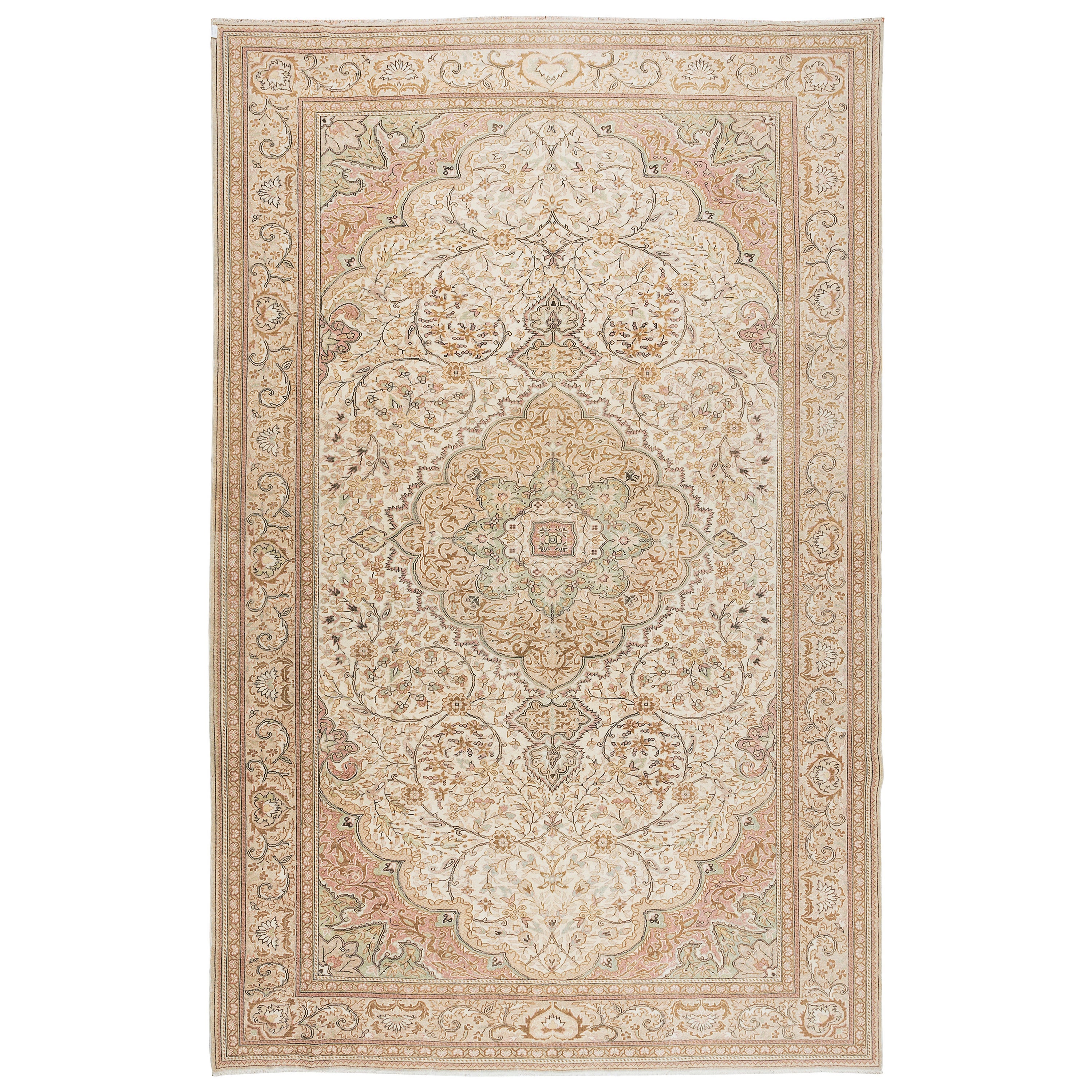 8x12 Ft Vintage Handmade Turkish Oushak Area Rug in Beige with Medallion Design For Sale